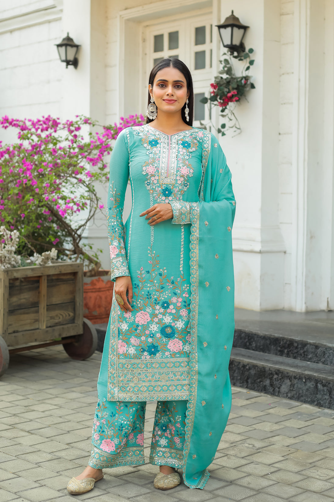 Turquoise Blue Embroidered Chinon Silk Kurta Palazzo Set with Dupatta