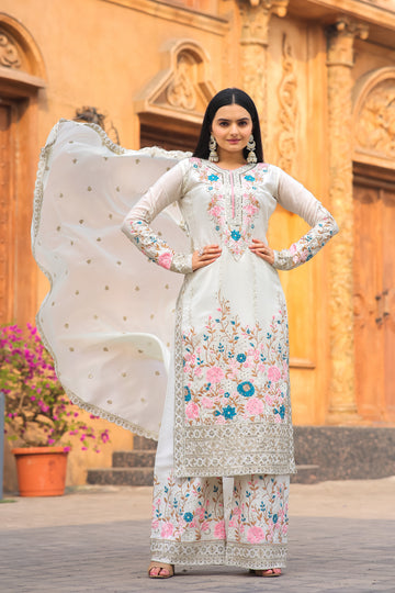 Off-White Embroidered Chinon Silk Kurta Palazzo Set with Dupatta
