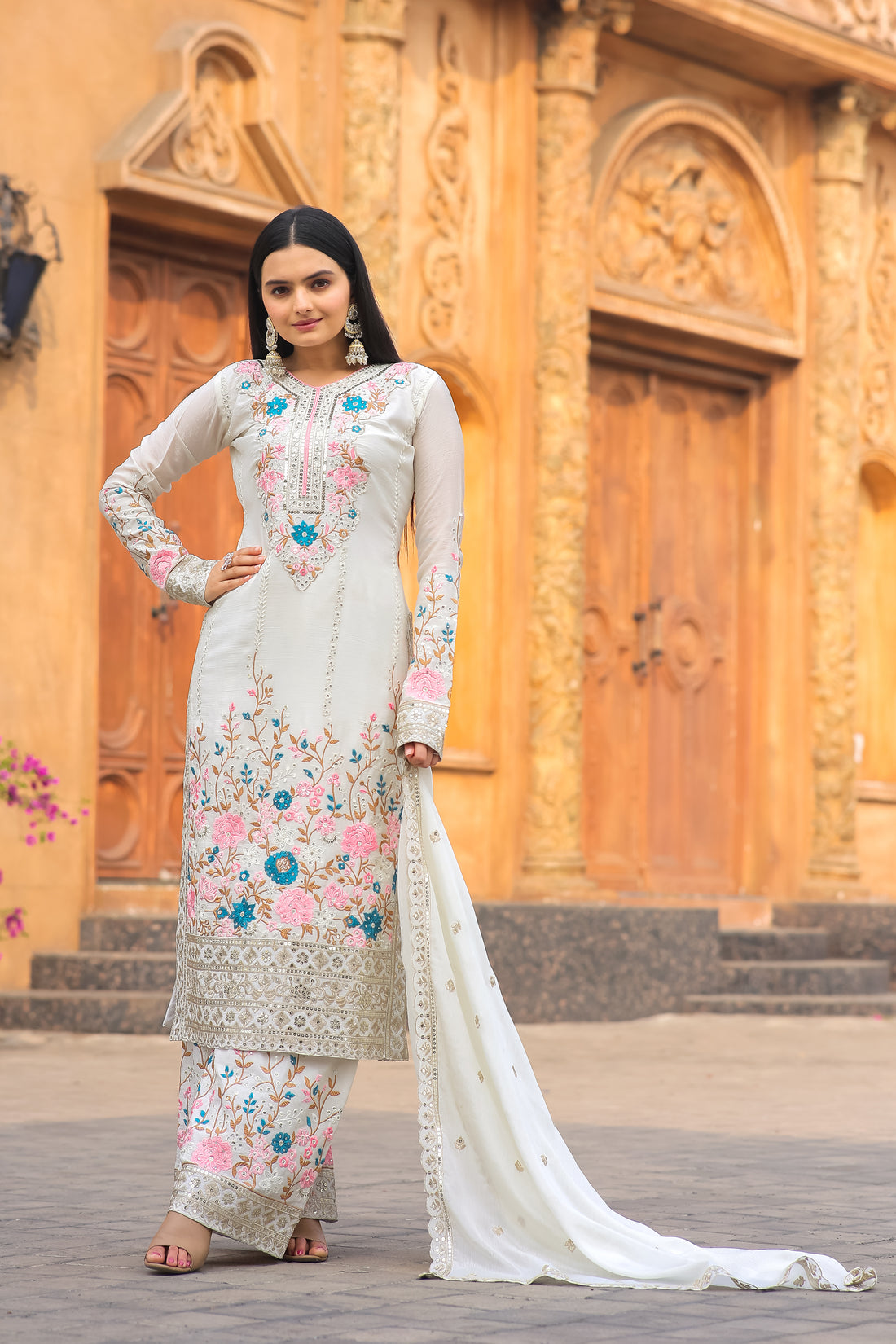 Off-White Embroidered Chinon Silk Kurta Palazzo Set with Dupatta