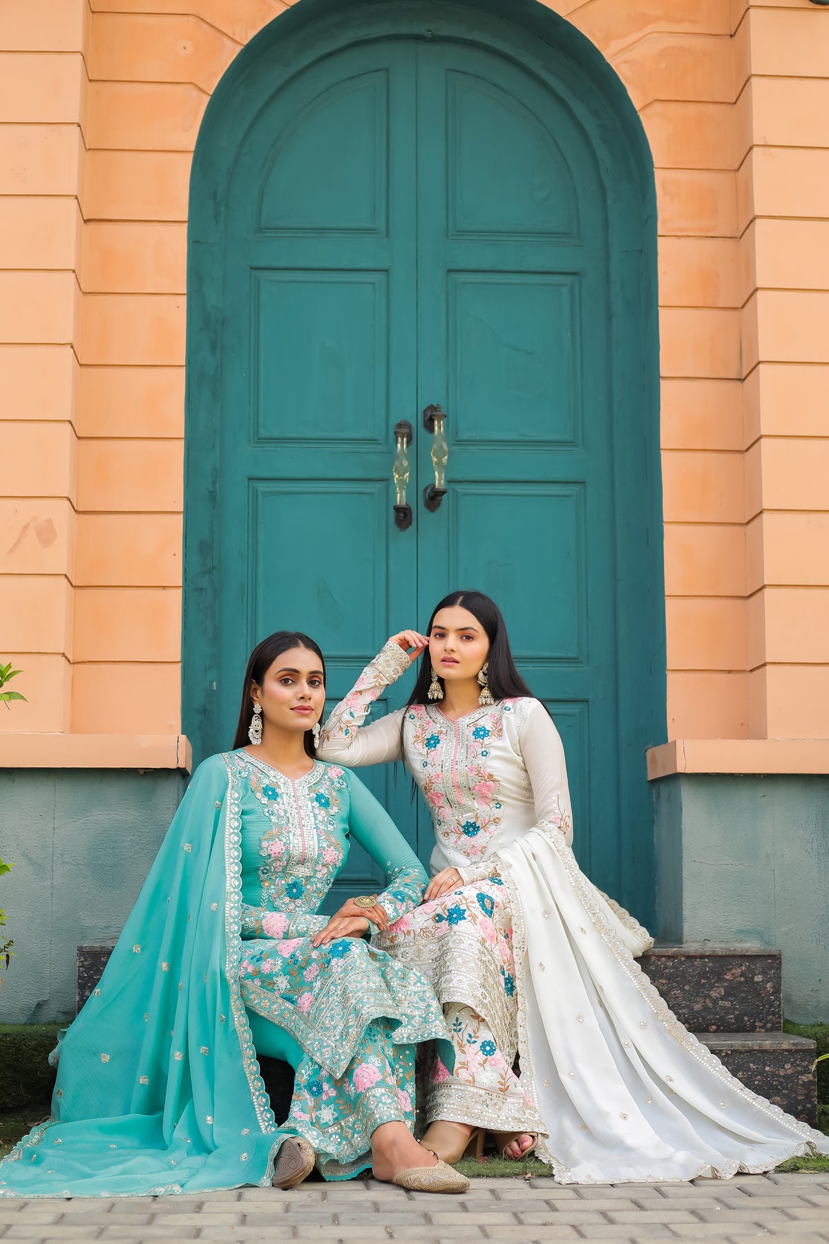 Off-White Embroidered Chinon Silk Kurta Palazzo Set with Dupatta