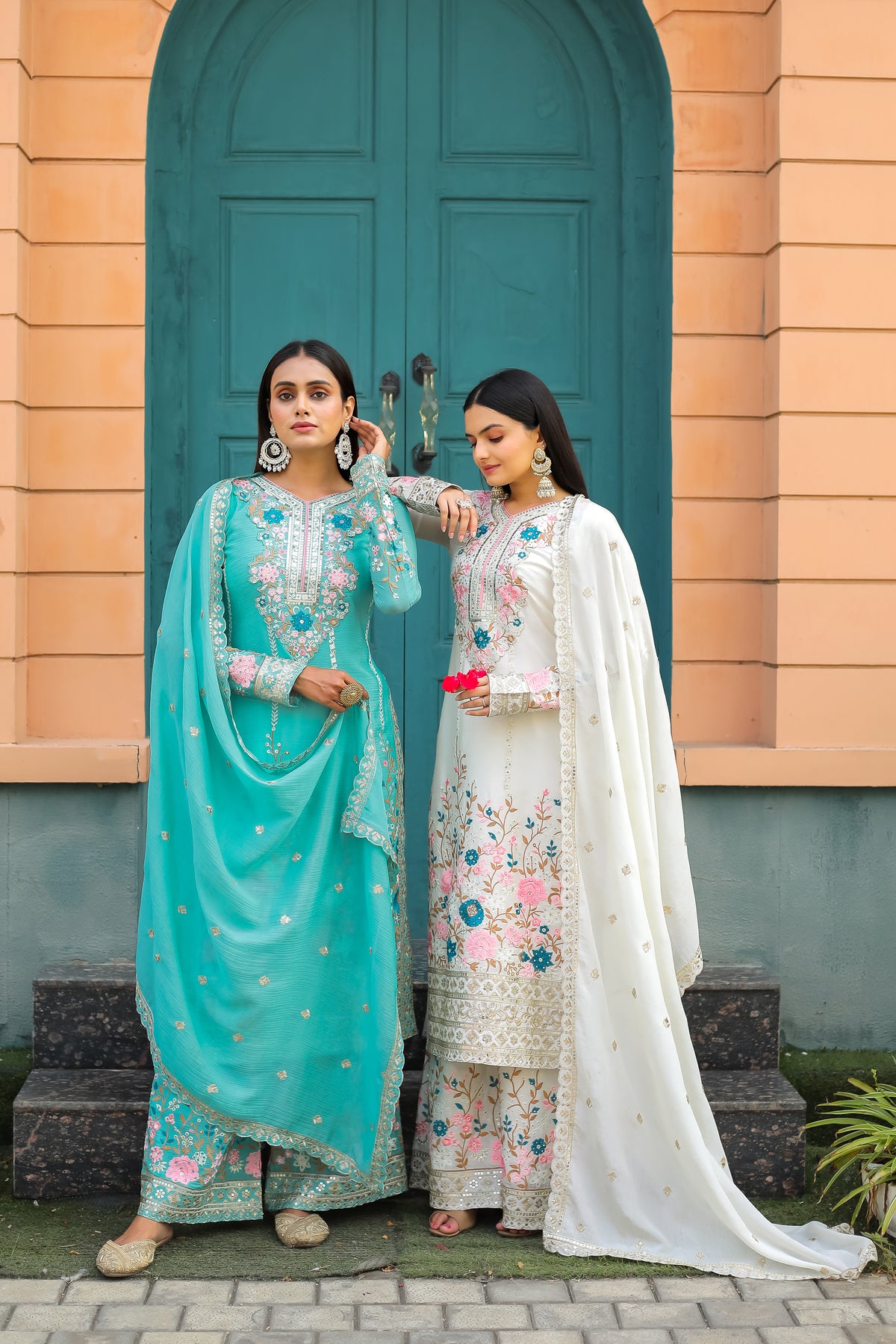 Off-White Embroidered Chinon Silk Kurta Palazzo Set with Dupatta