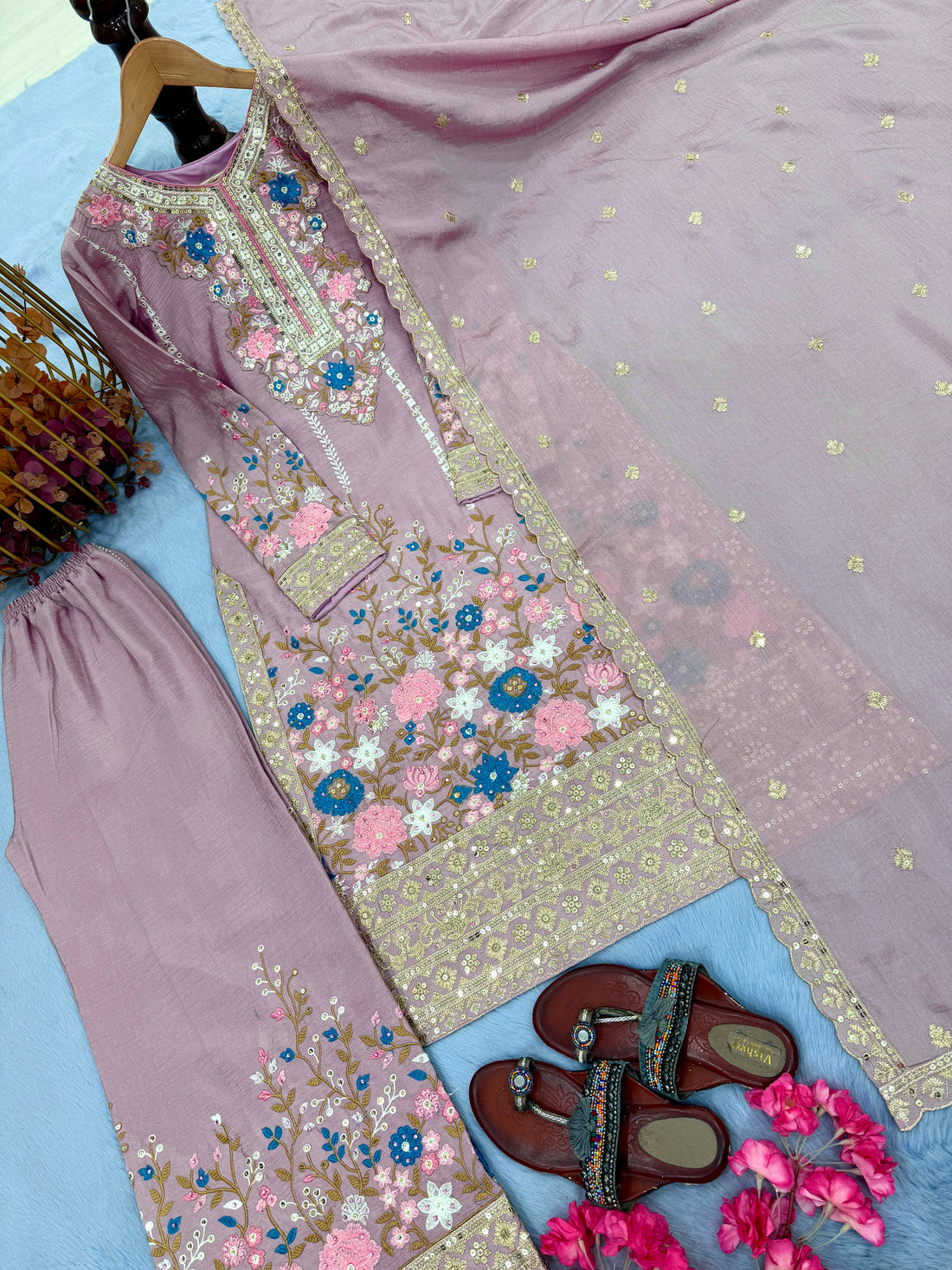 Dusty Mauve Embroidered Chinon Silk Kurta Palazzo Set with Dupatta