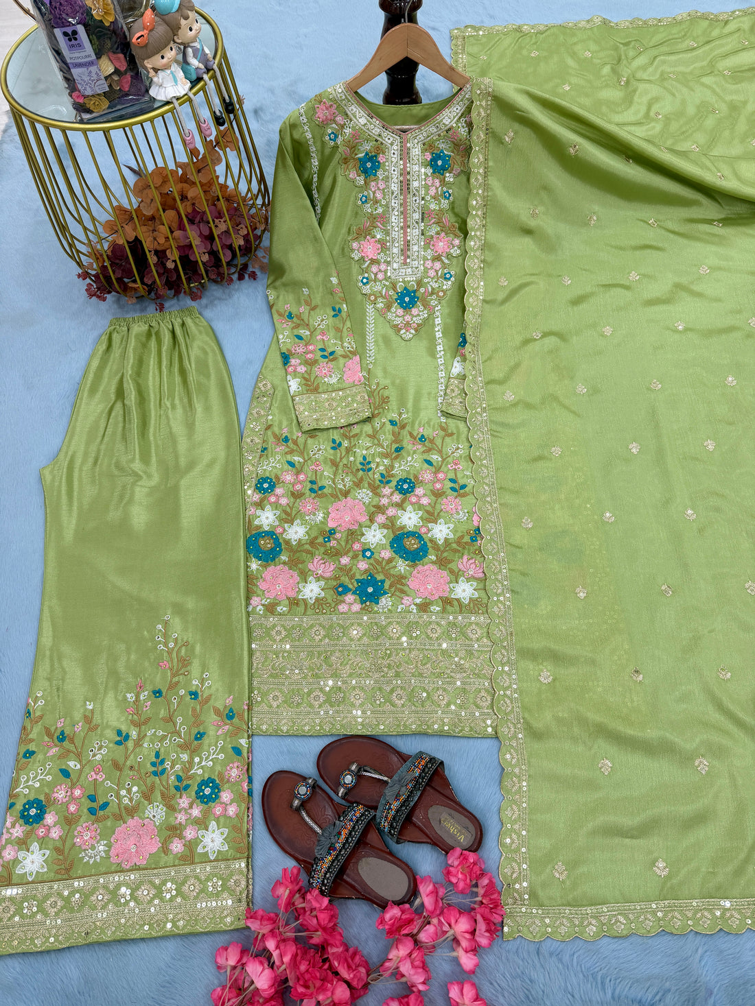 Pista Green Embroidered Chinon Silk Kurta Palazzo Set with Dupatta