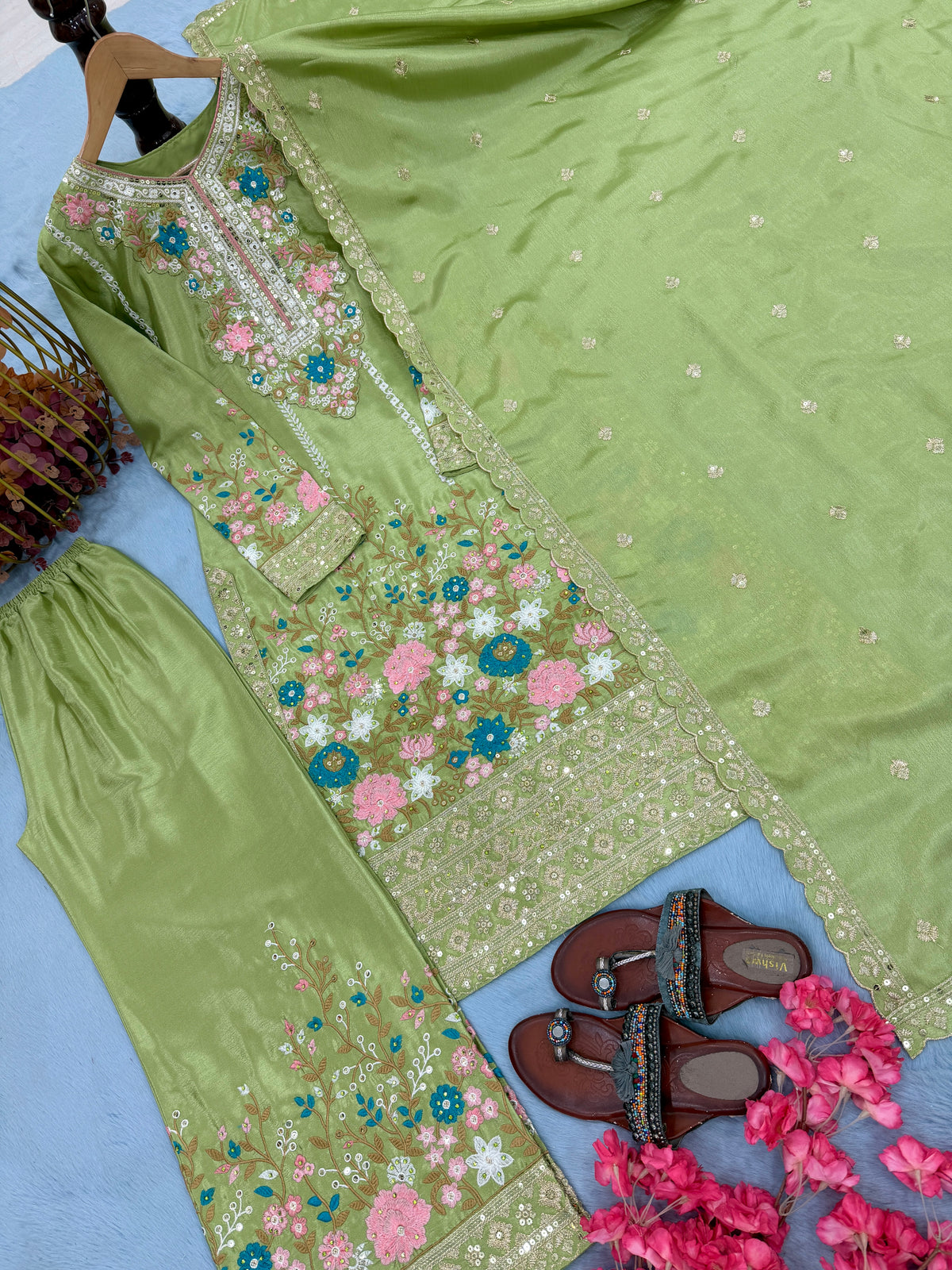 Pista Green Embroidered Chinon Silk Kurta Palazzo Set with Dupatta