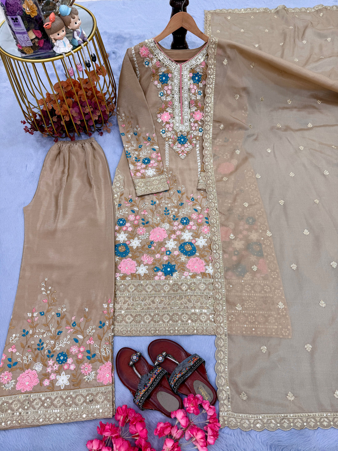Beige Fawn Embroidered Chinon Silk Kurta Palazzo Set with Dupatta