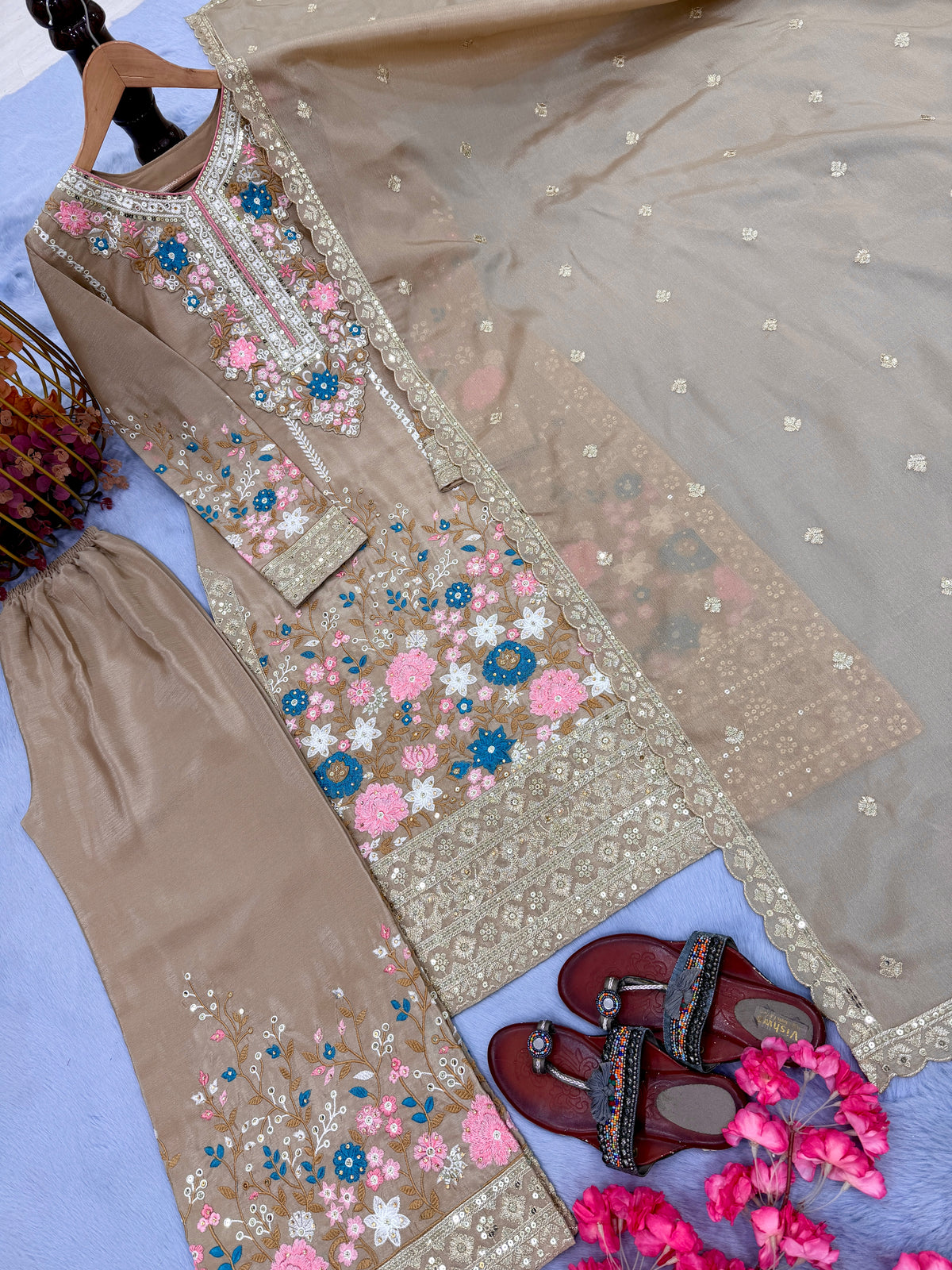 Beige Fawn Embroidered Chinon Silk Kurta Palazzo Set with Dupatta