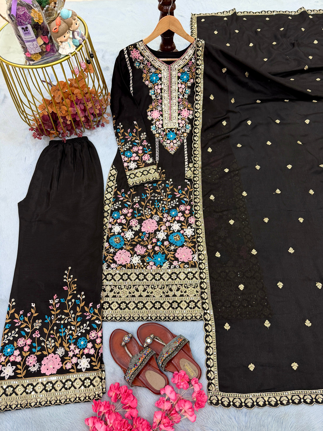Classic Black Embroidered Chinon Silk Kurta Palazzo Set with Dupatta