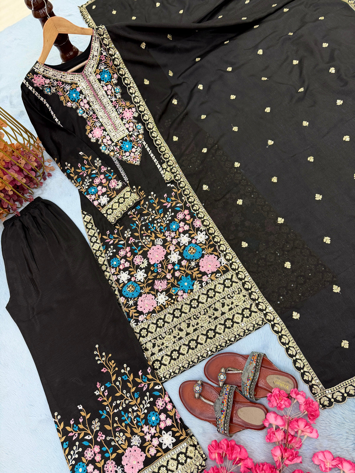 Classic Black Embroidered Chinon Silk Kurta Palazzo Set with Dupatta