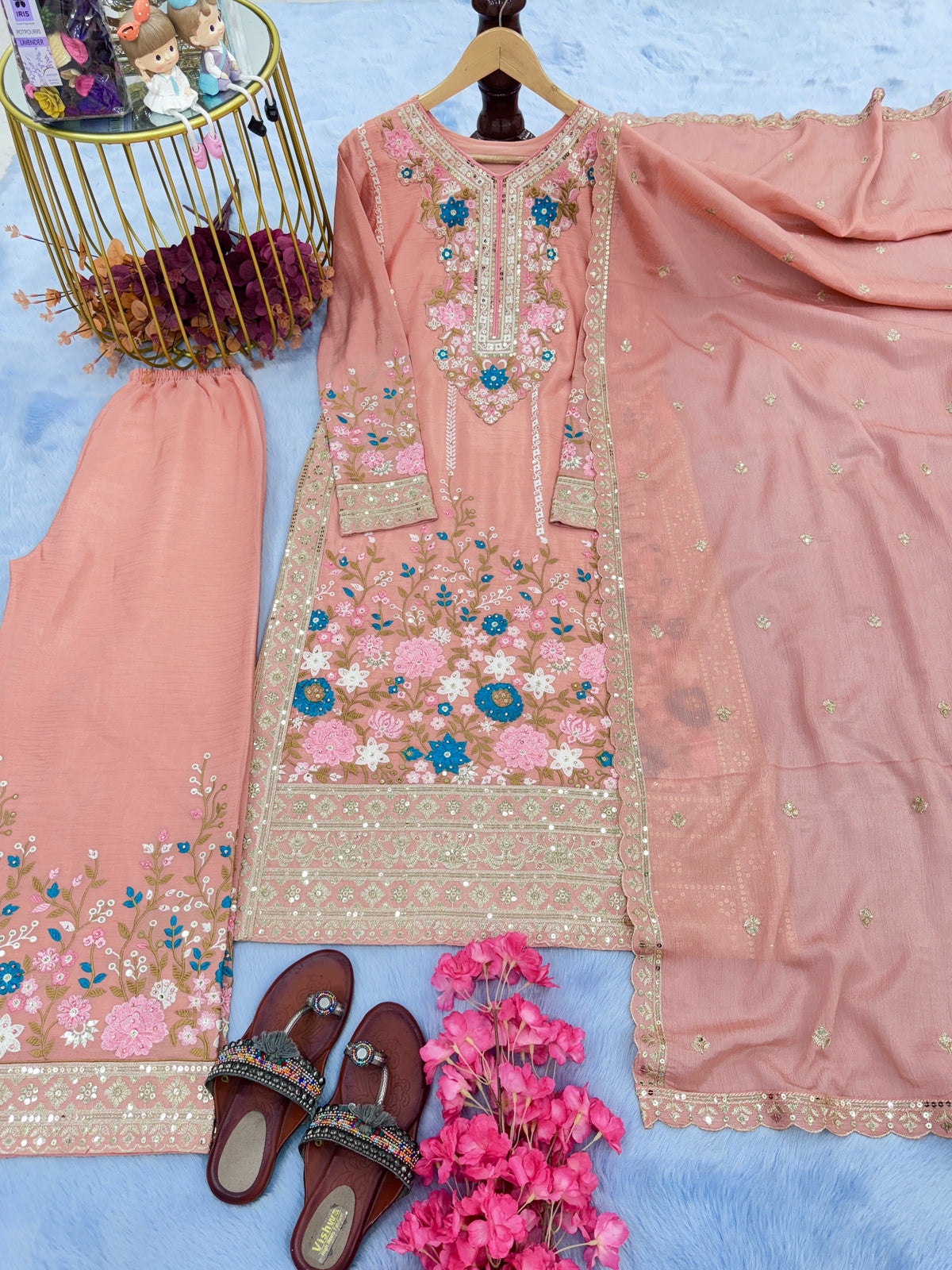 Peach Pink Embroidered Chinon Silk Kurta Palazzo Set with Dupatta