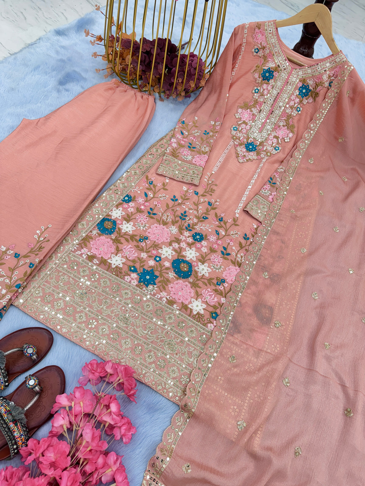 Peach Pink Embroidered Chinon Silk Kurta Palazzo Set with Dupatta