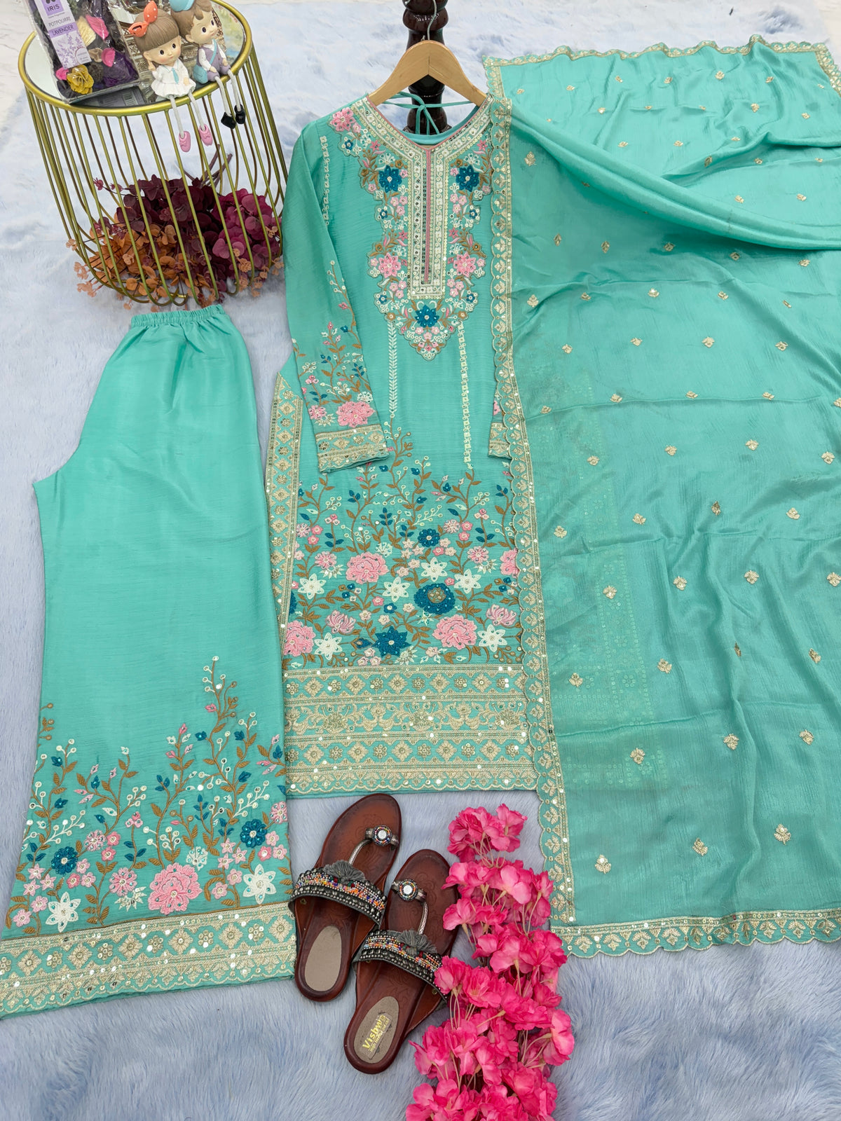 Turquoise Blue Embroidered Chinon Silk Kurta Palazzo Set with Dupatta
