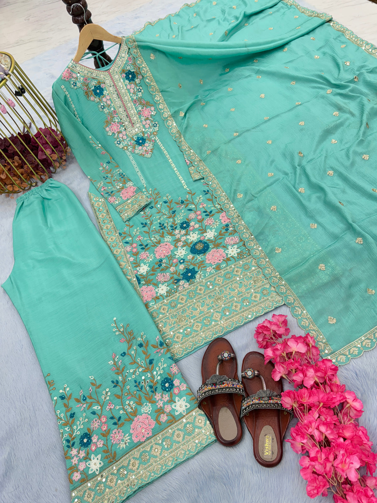 Turquoise Blue Embroidered Chinon Silk Kurta Palazzo Set with Dupatta