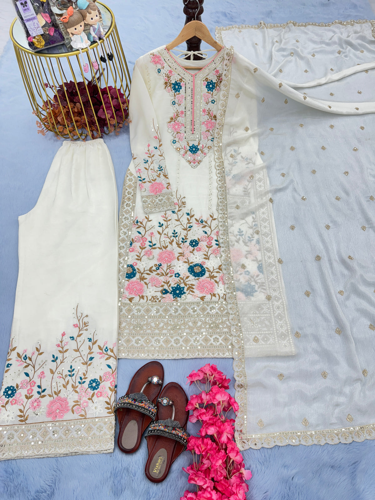 Off-White Embroidered Chinon Silk Kurta Palazzo Set with Dupatta