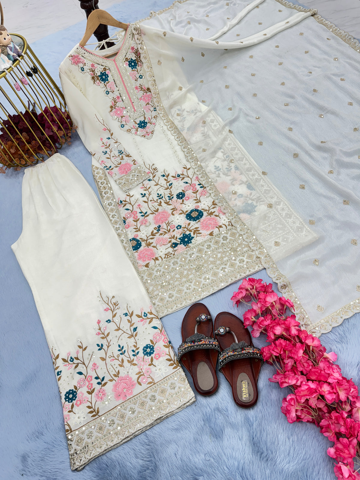 Off-White Embroidered Chinon Silk Kurta Palazzo Set with Dupatta
