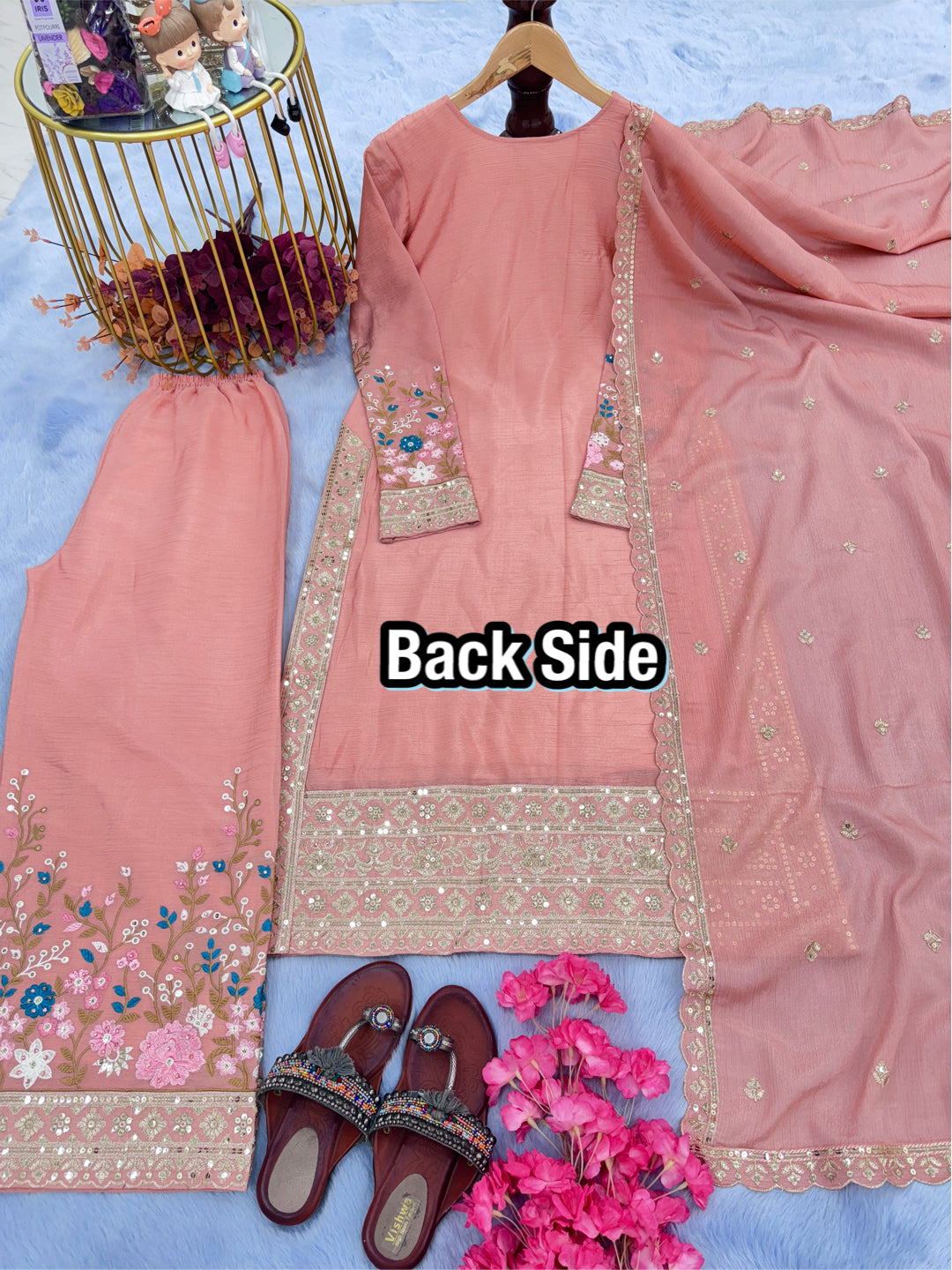 Peach Pink Embroidered Chinon Silk Kurta Palazzo Set with Dupatta