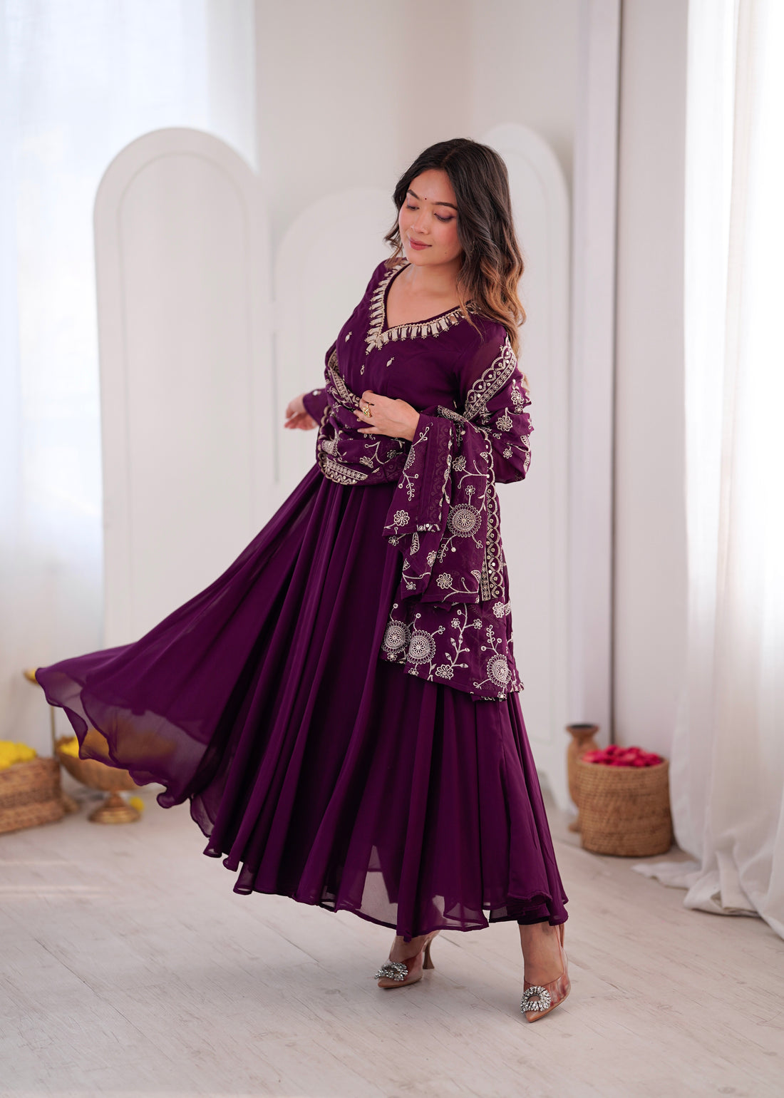 Purple Embroidered Sequence Work with Real Mirror Designer Anarkali