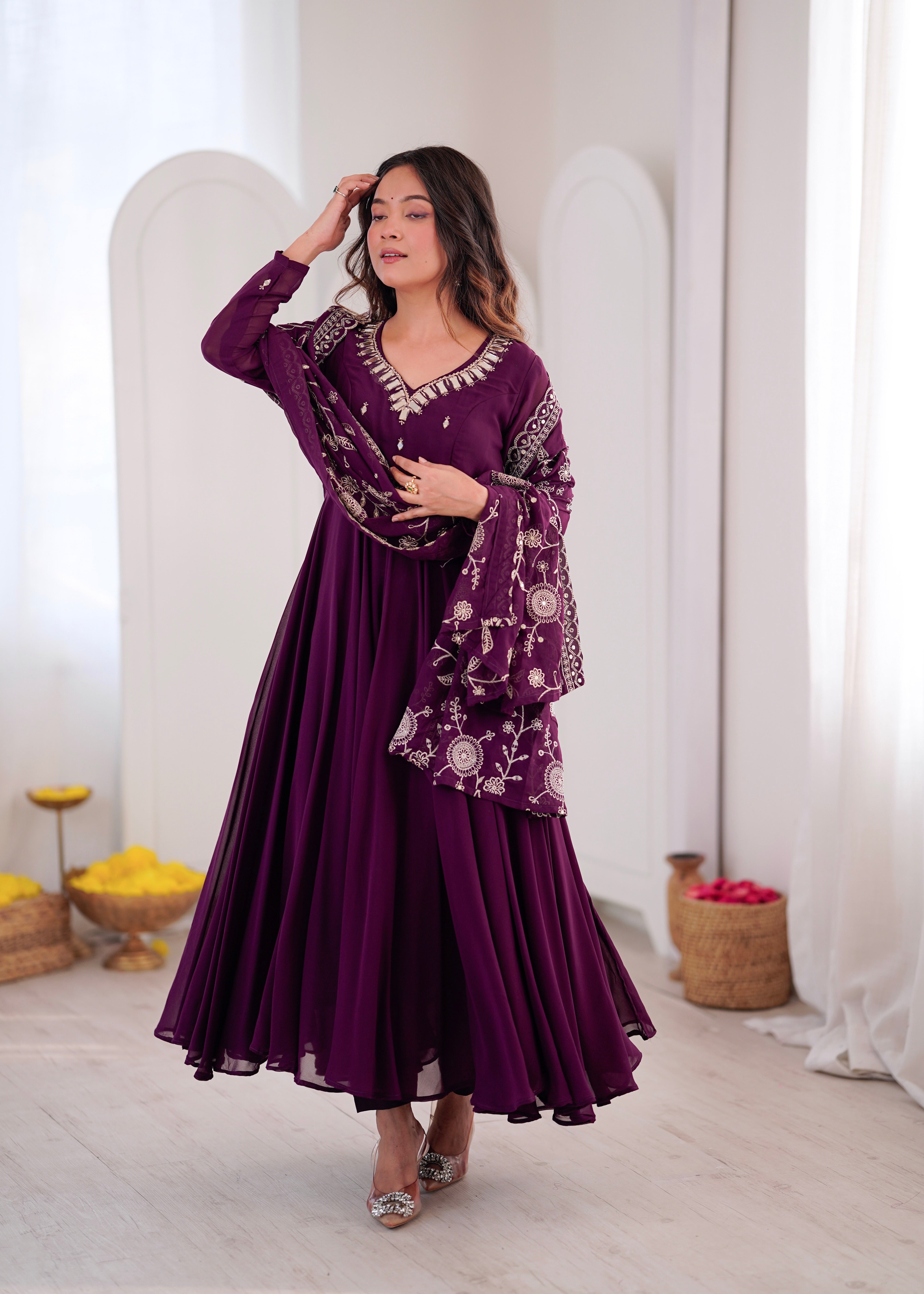 Purple Embroidered Sequence Work with Real Mirror Designer Anarkali
