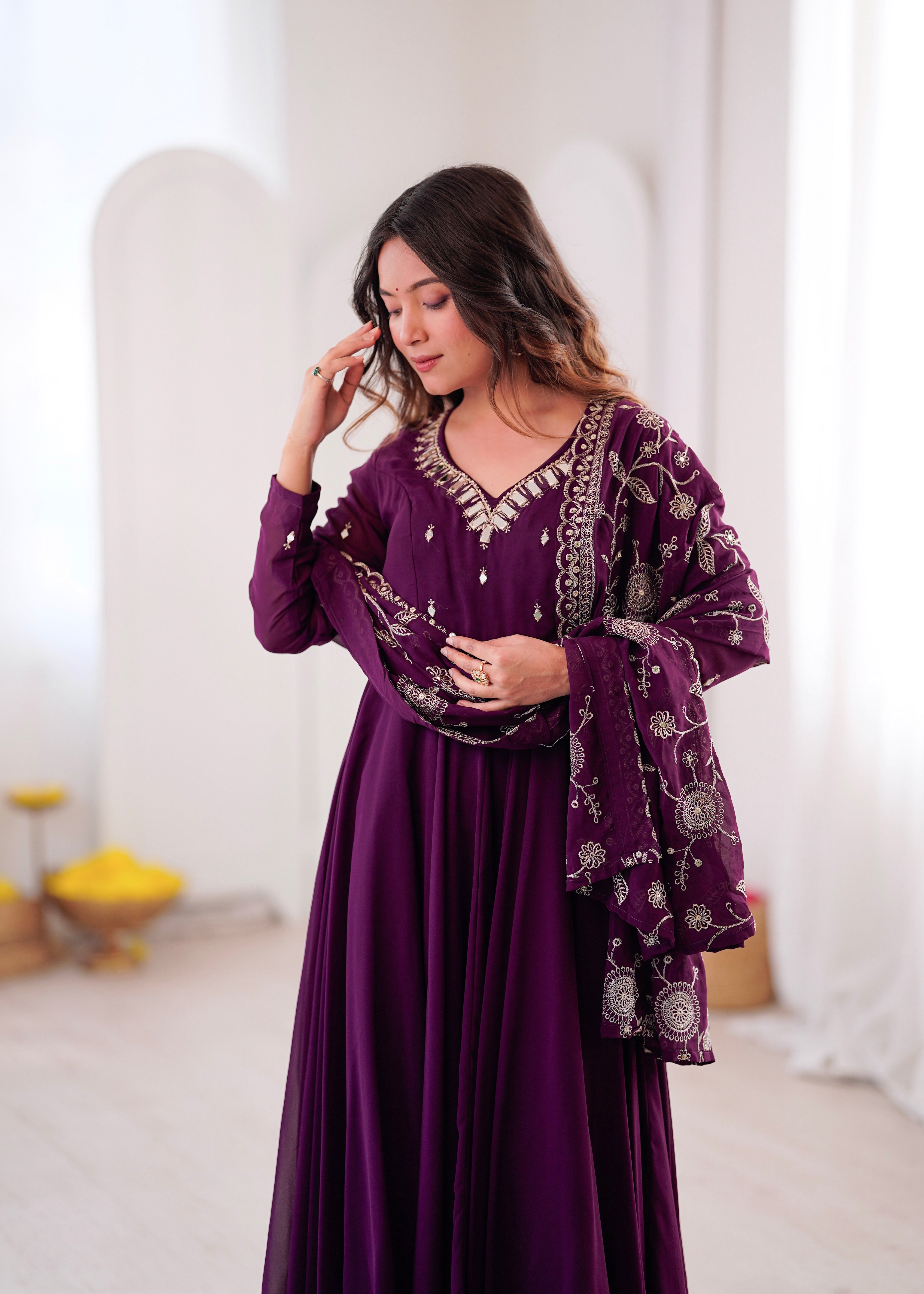 Purple Embroidered Sequence Work with Real Mirror Designer Anarkali