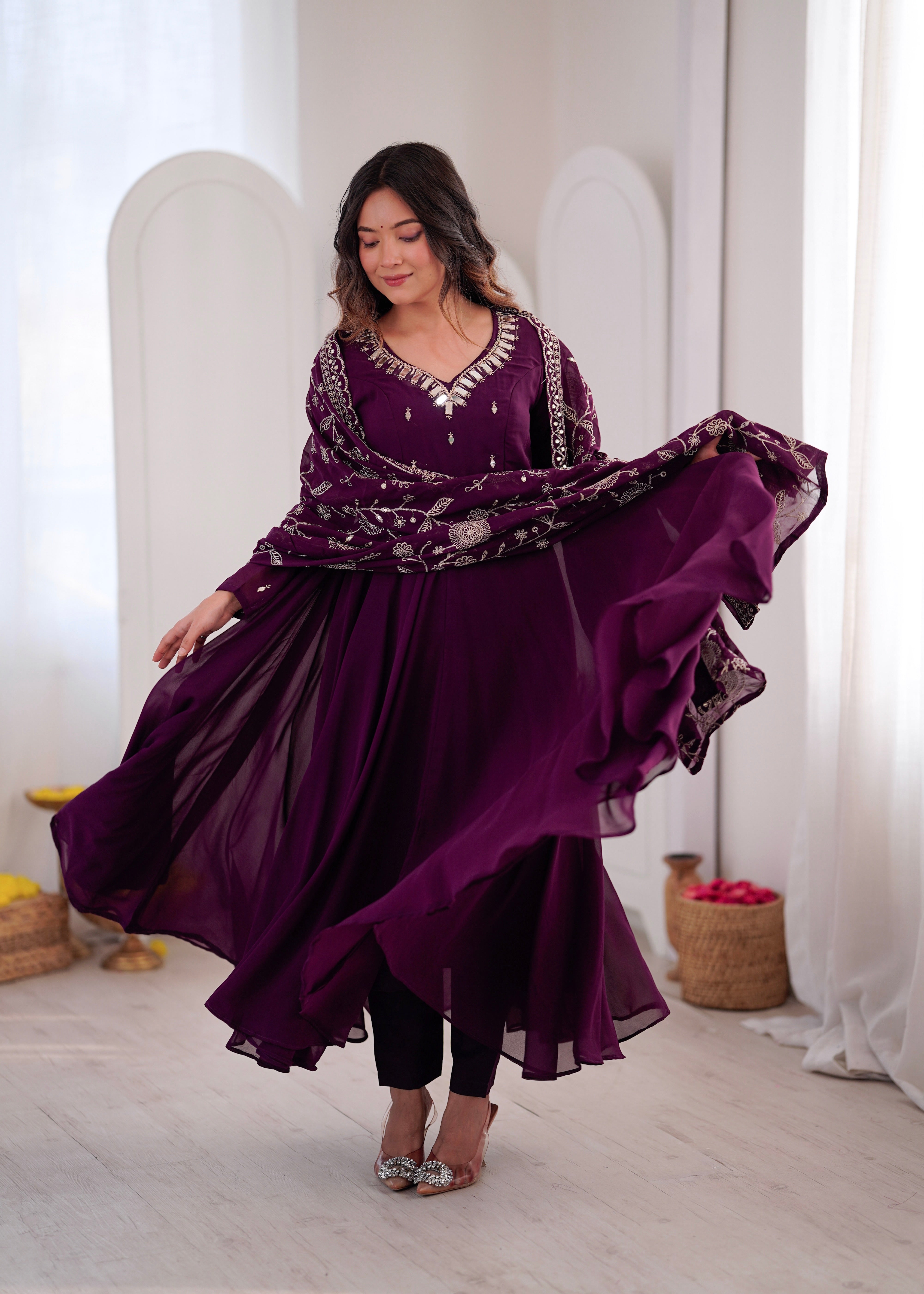 Purple Embroidered Sequence Work with Real Mirror Designer Anarkali