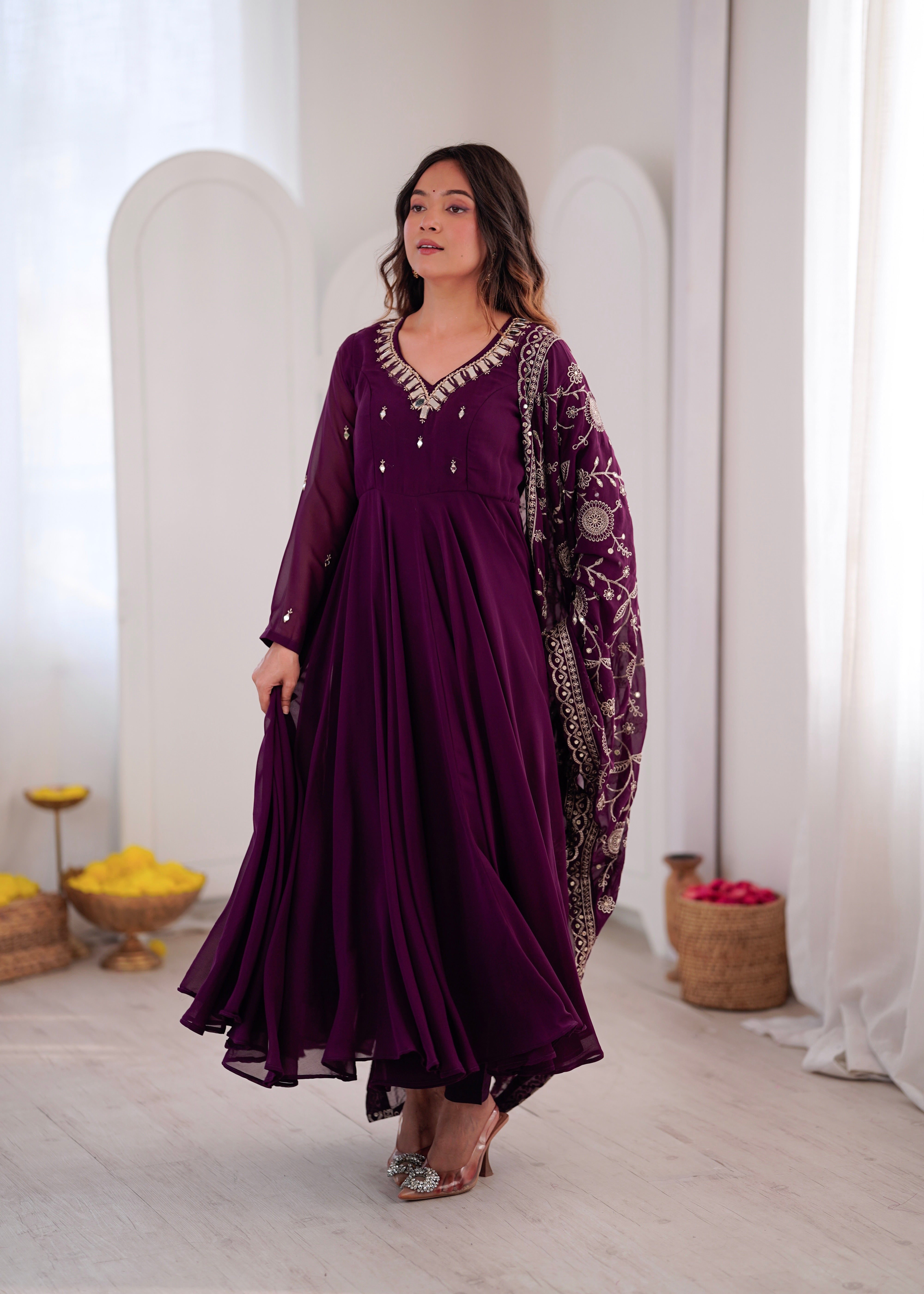 Purple Embroidered Sequence Work with Real Mirror Designer Anarkali