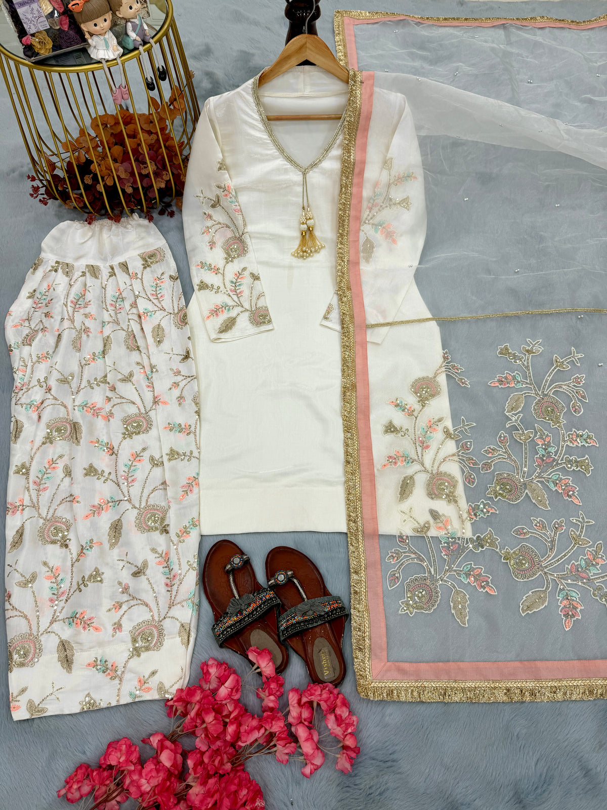 Off-White Glass Satin Short Kurta with Embroidered Farshi Palazzo & Dupatta Set