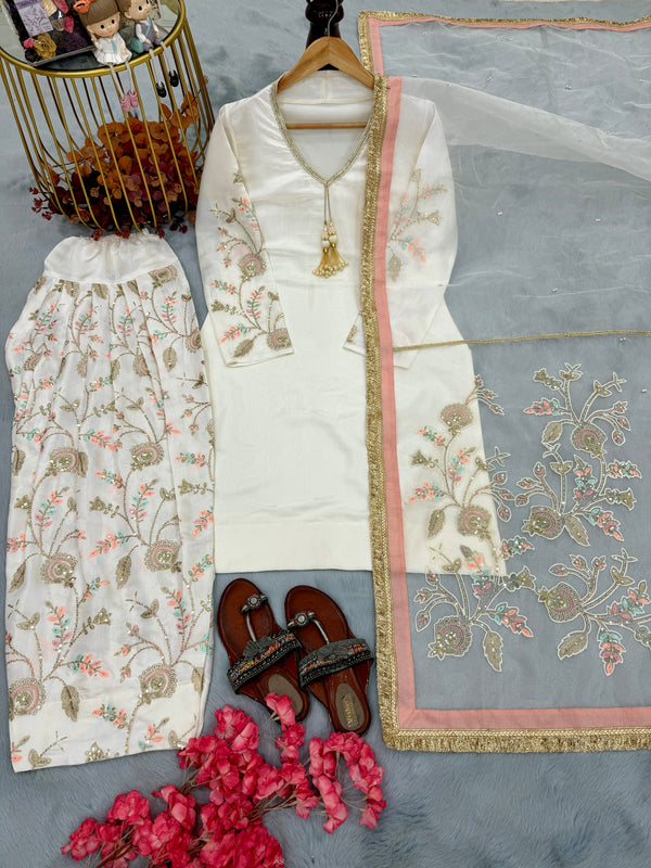 Off-White Glass Satin Short Kurta with Embroidered Farshi Palazzo & Dupatta Set