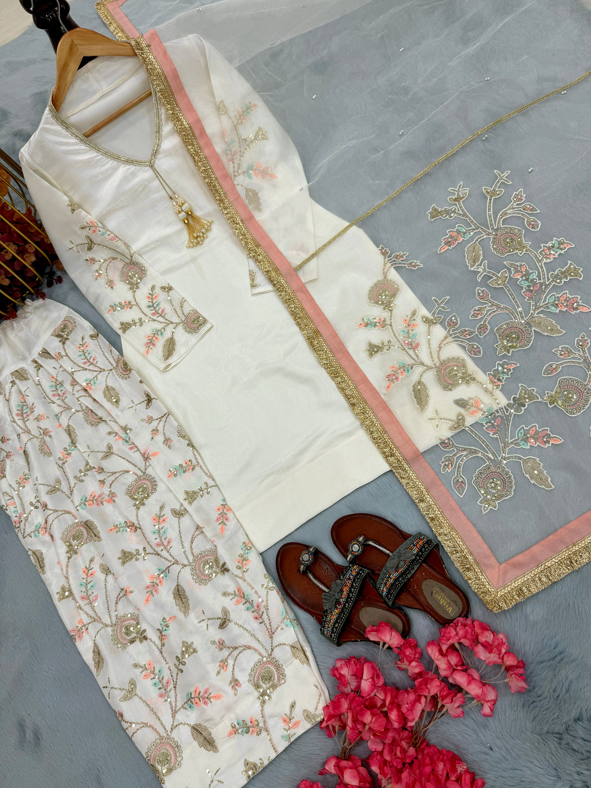 Off-White Glass Satin Short Kurta with Embroidered Farshi Palazzo & Dupatta Set