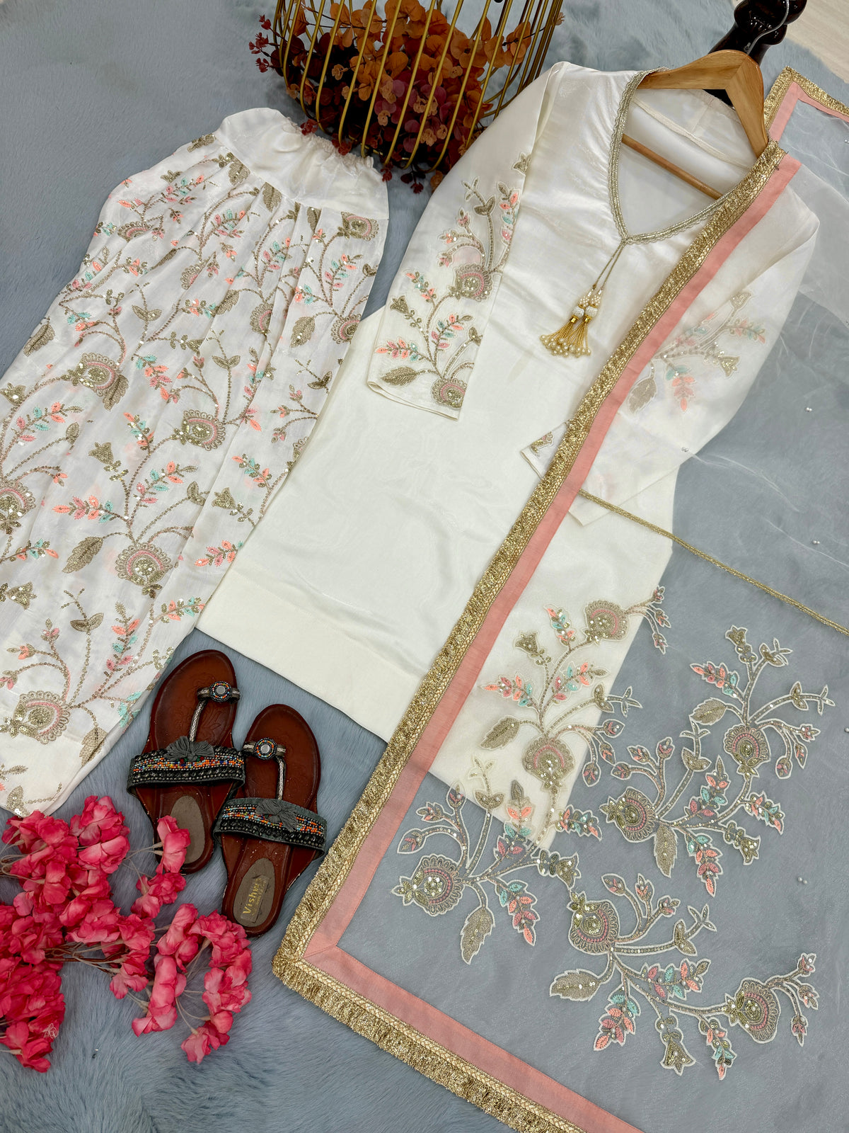Off-White Glass Satin Short Kurta with Embroidered Farshi Palazzo & Dupatta Set