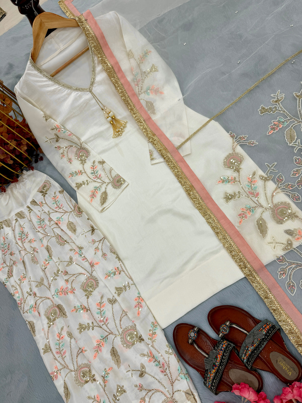 Off-White Glass Satin Short Kurta with Embroidered Farshi Palazzo & Dupatta Set
