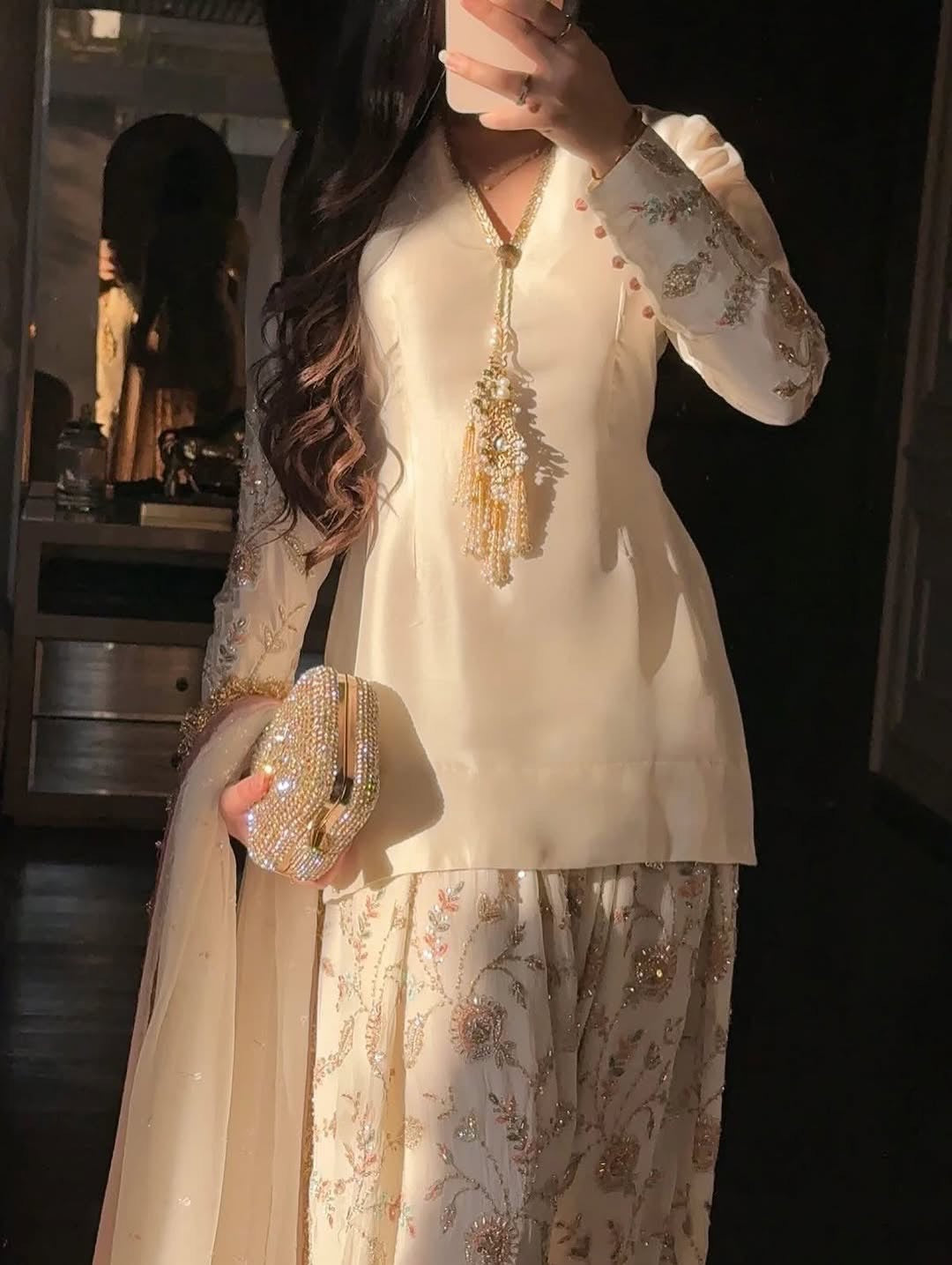 Off-White Glass Satin Short Kurta with Embroidered Farshi Palazzo & Dupatta Set