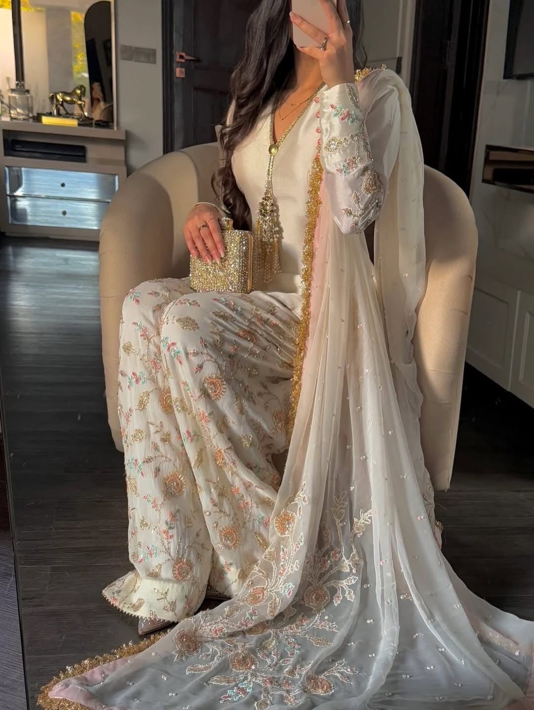 Off-White Glass Satin Short Kurta with Embroidered Farshi Palazzo & Dupatta Set