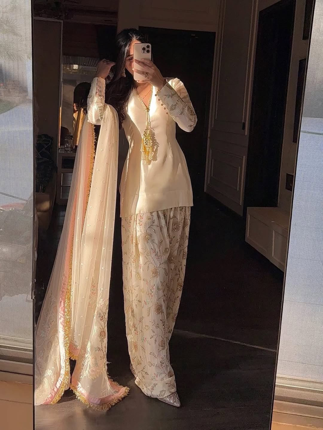 Off-White Glass Satin Short Kurta with Embroidered Farshi Palazzo & Dupatta Set
