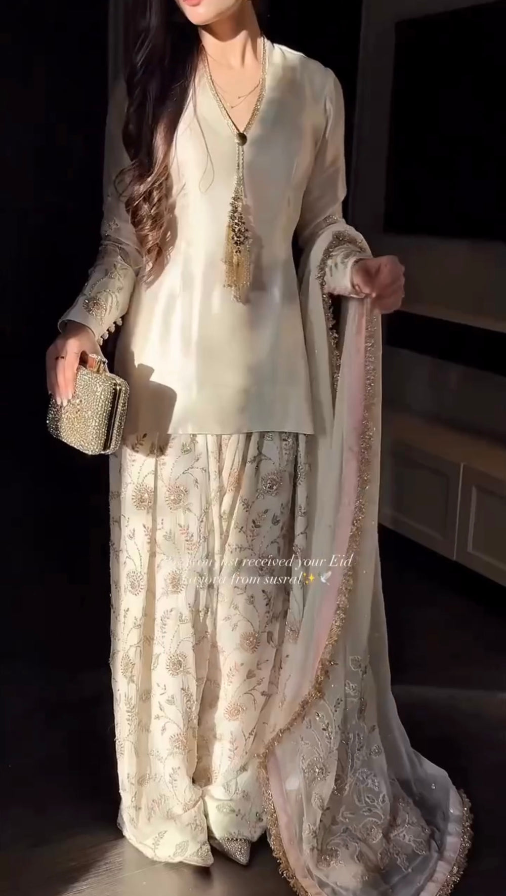 Off-White Glass Satin Short Kurta with Embroidered Farshi Palazzo & Dupatta Set