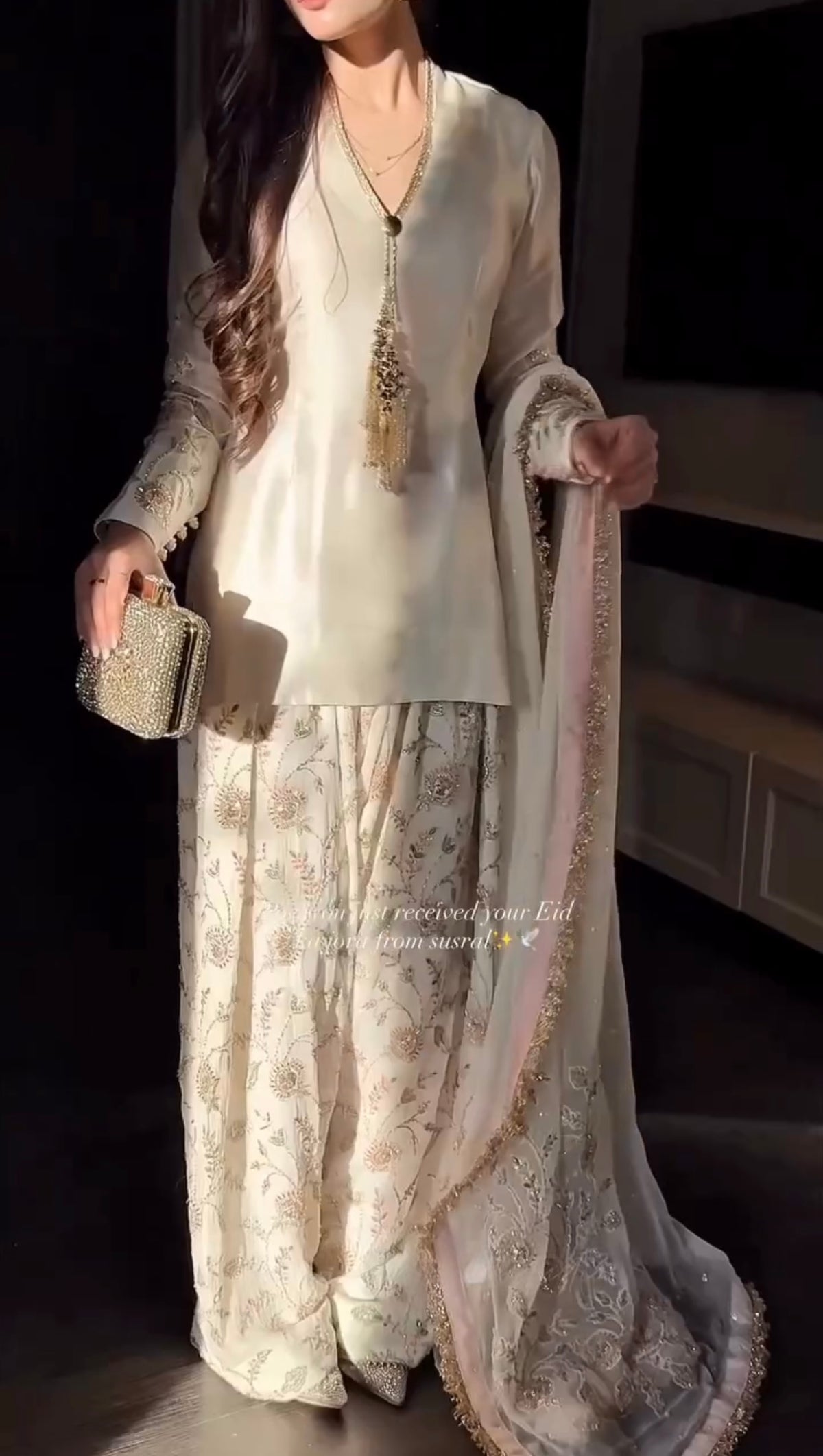 Off-White Glass Satin Short Kurta with Embroidered Farshi Palazzo & Dupatta Set