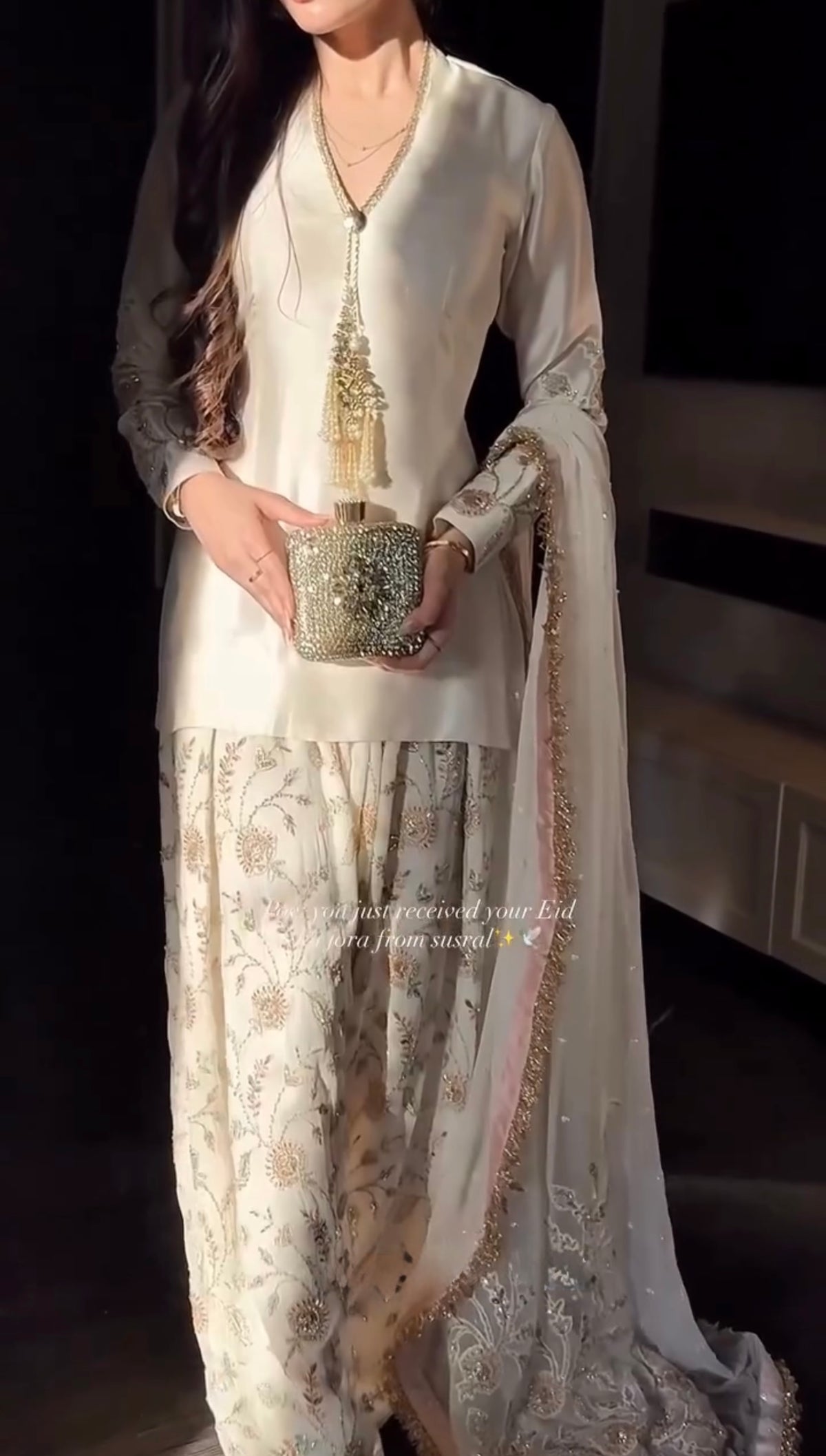 Off-White Glass Satin Short Kurta with Embroidered Farshi Palazzo & Dupatta Set