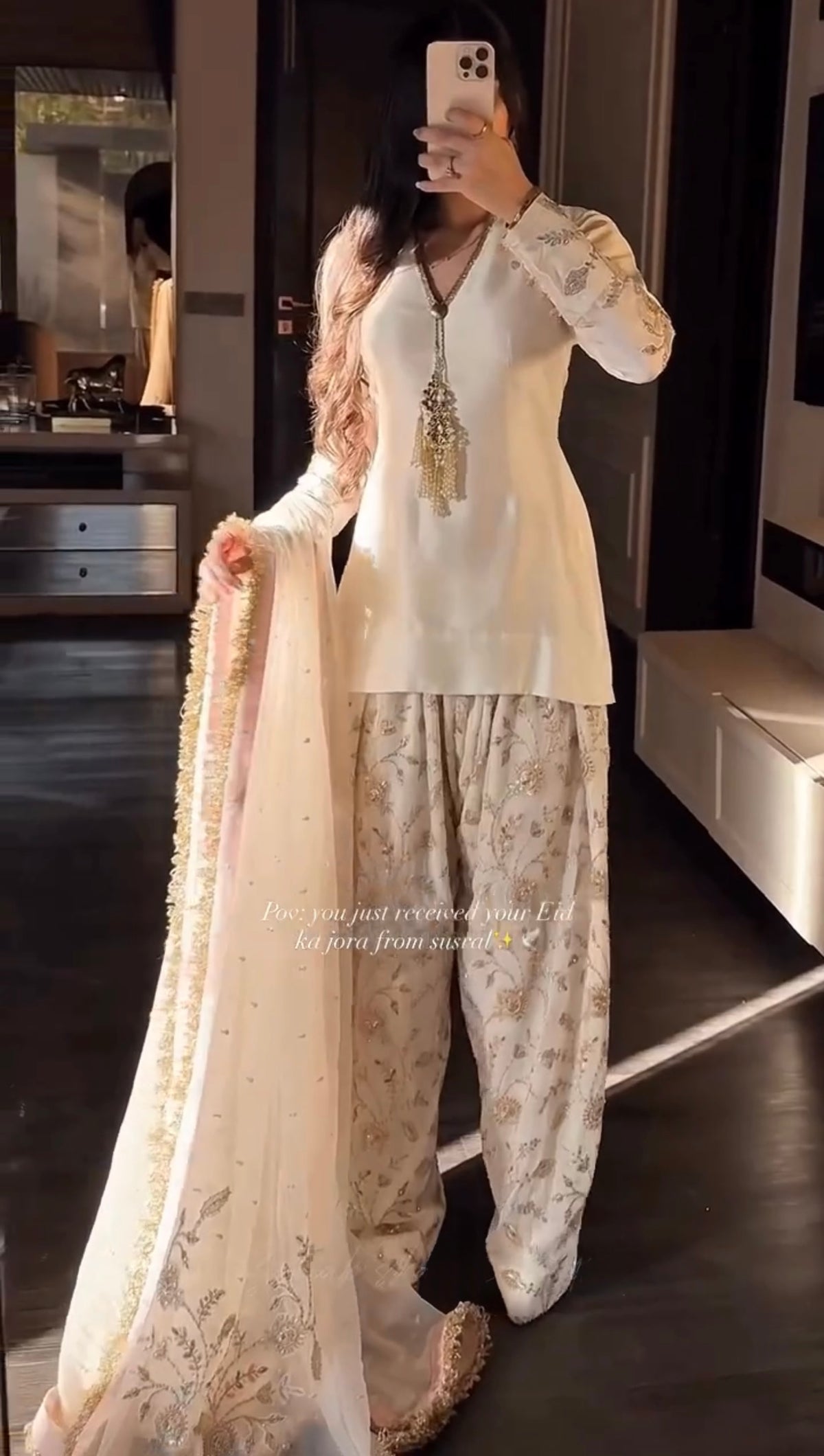 Off-White Glass Satin Short Kurta with Embroidered Farshi Palazzo & Dupatta Set