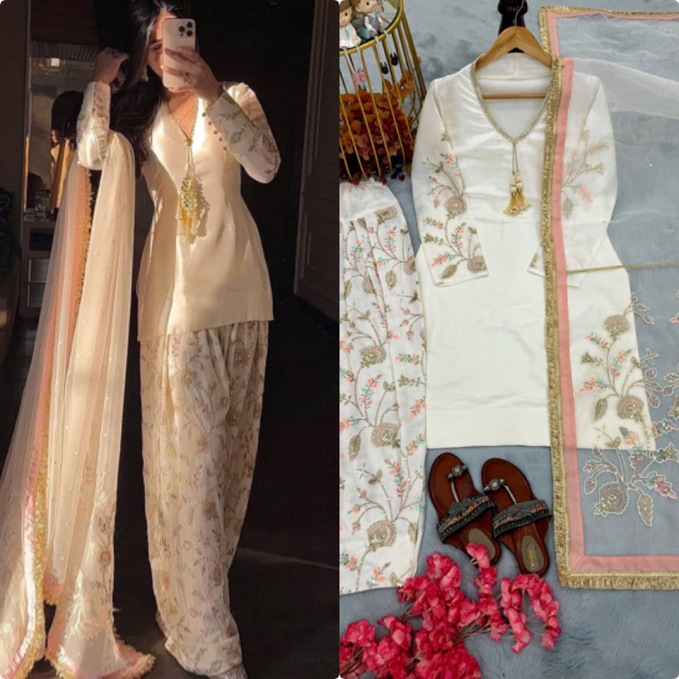 Off-White Glass Satin Short Kurta with Embroidered Farshi Palazzo & Dupatta Set