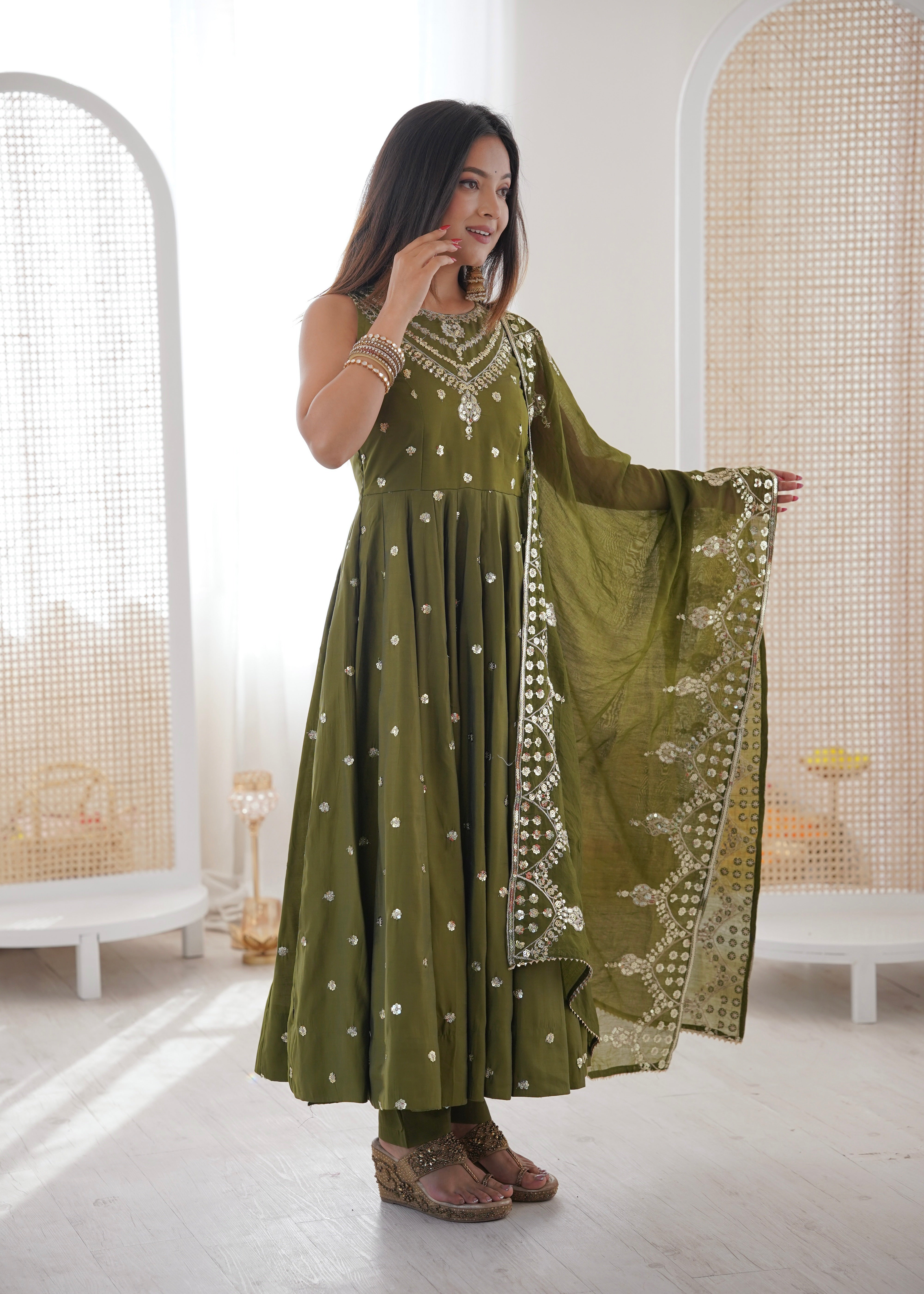 Silk Anarkali Gown Set Featuring Intricate Mirror-Work Embroidery
