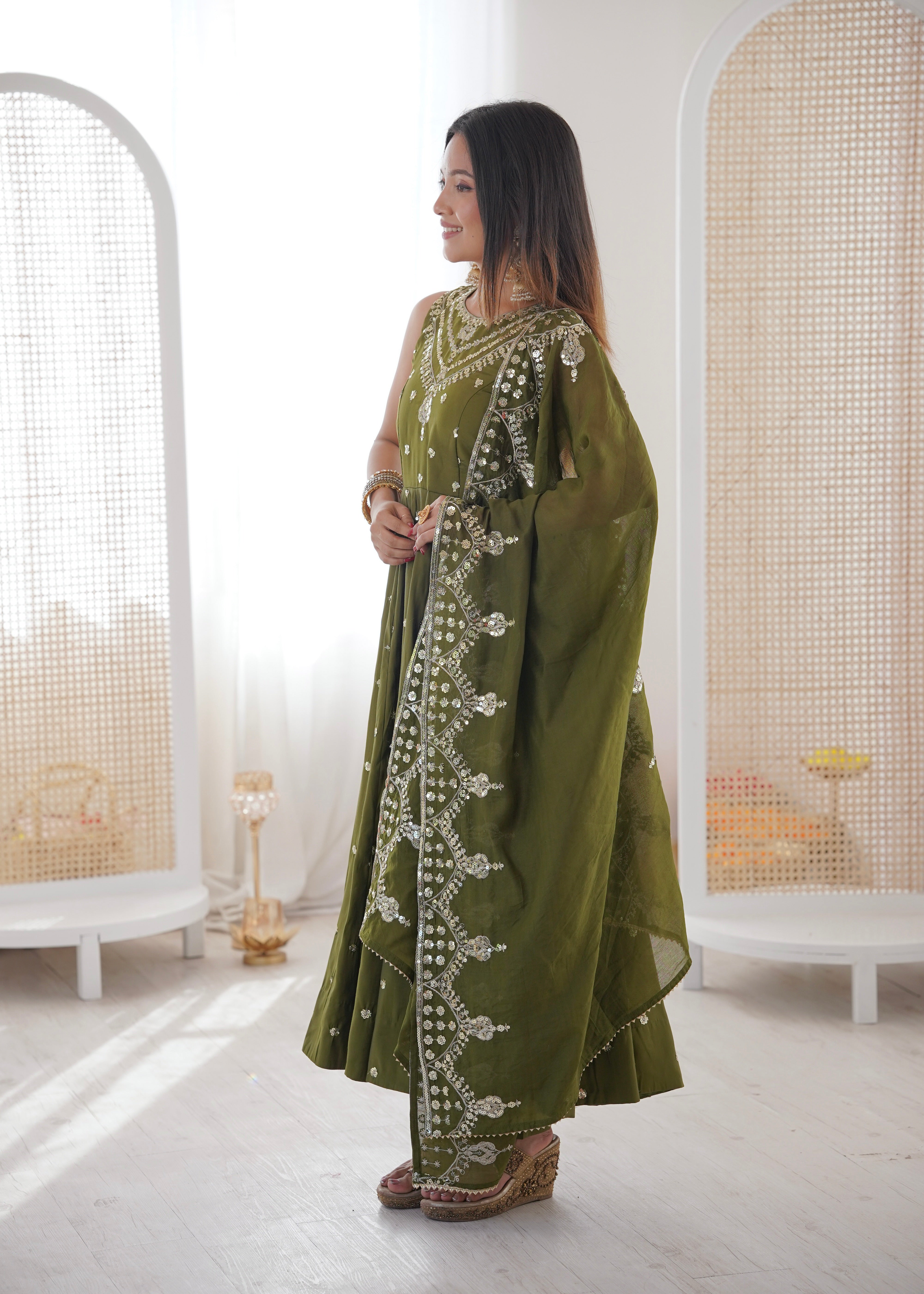 Silk Anarkali Gown Set Featuring Intricate Mirror-Work Embroidery