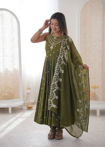 Silk Anarkali Gown Set Featuring Intricate Mirror-Work Embroidery