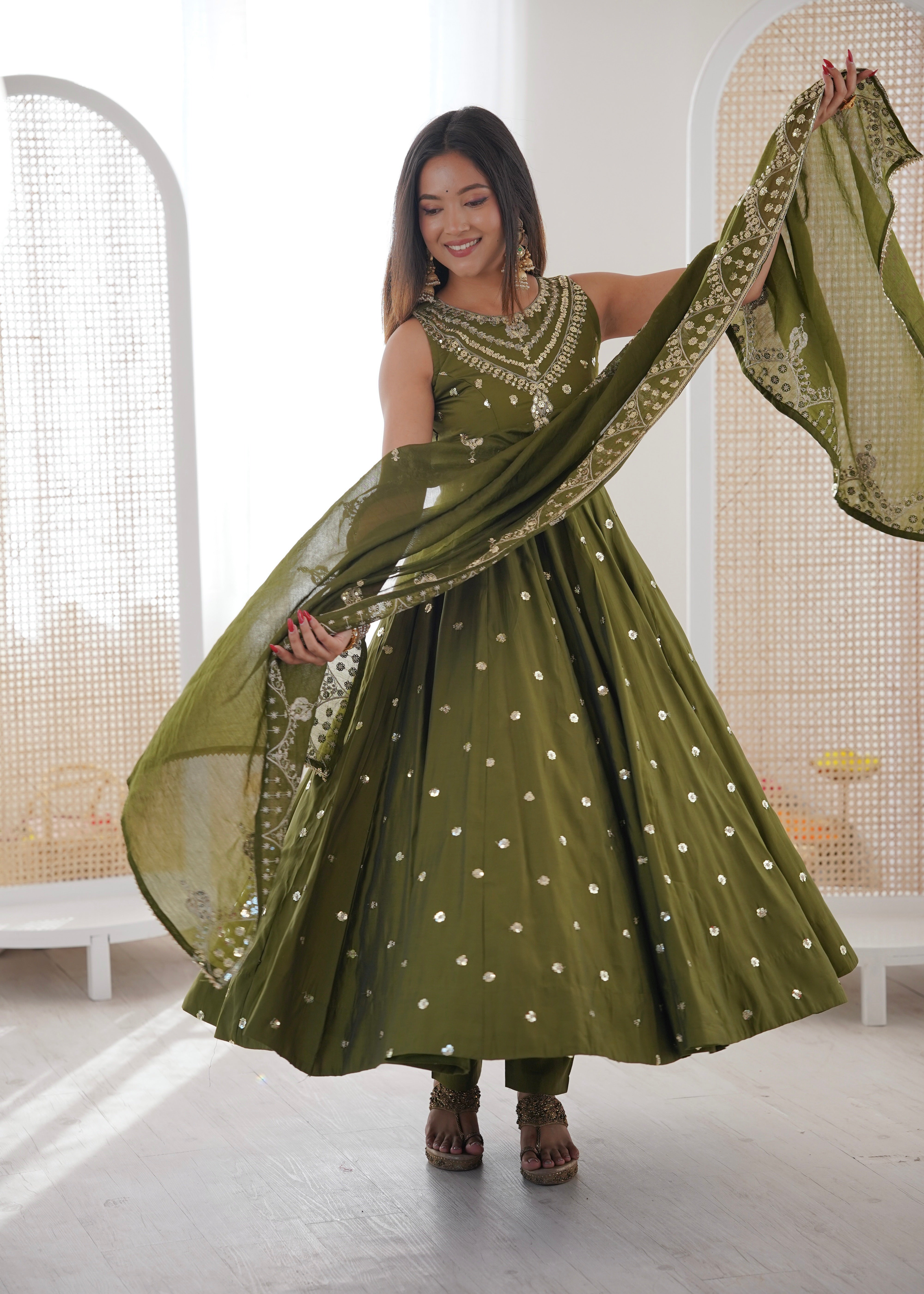 Silk Anarkali Gown Set Featuring Intricate Mirror-Work Embroidery
