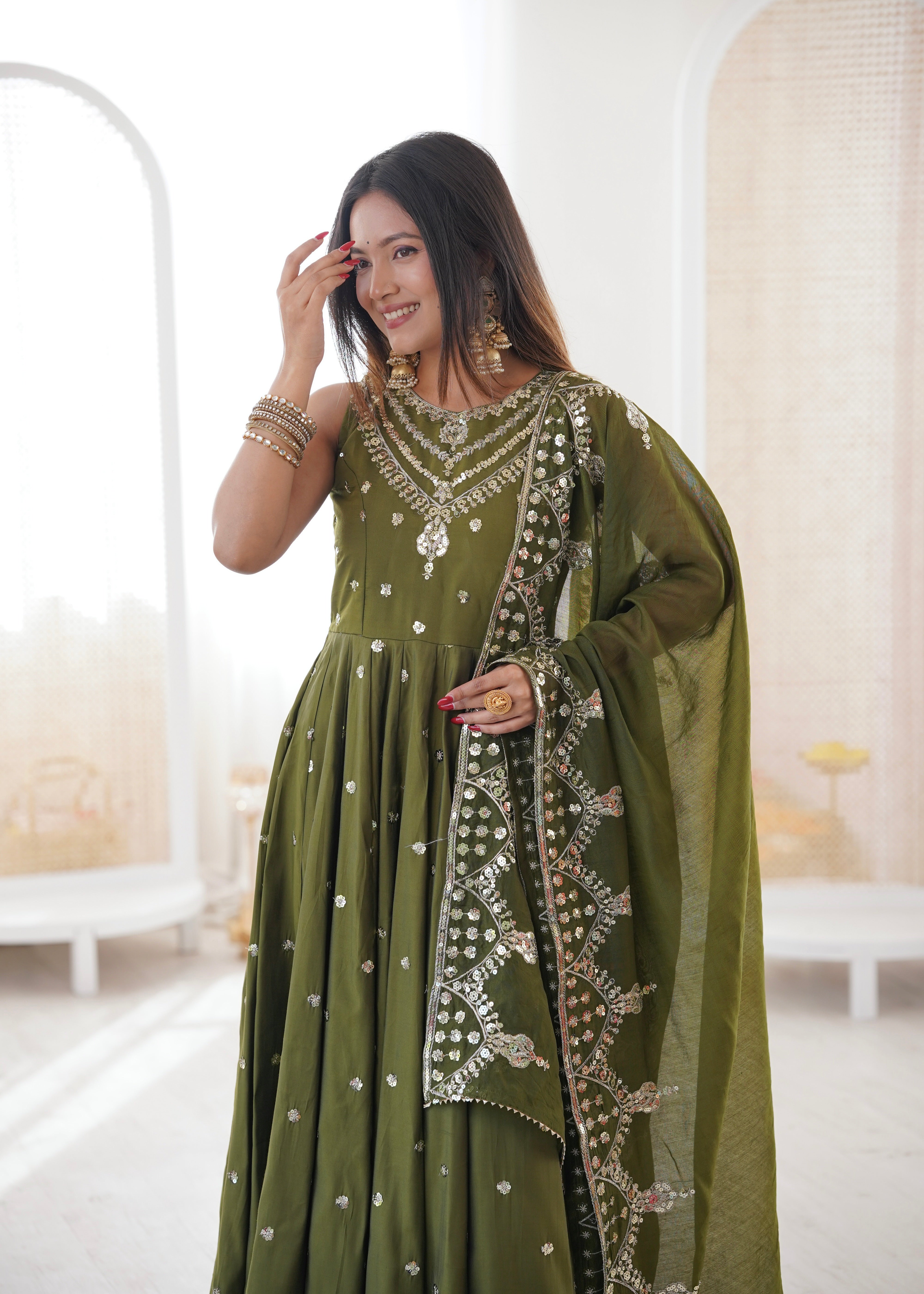 Silk Anarkali Gown Set Featuring Intricate Mirror-Work Embroidery