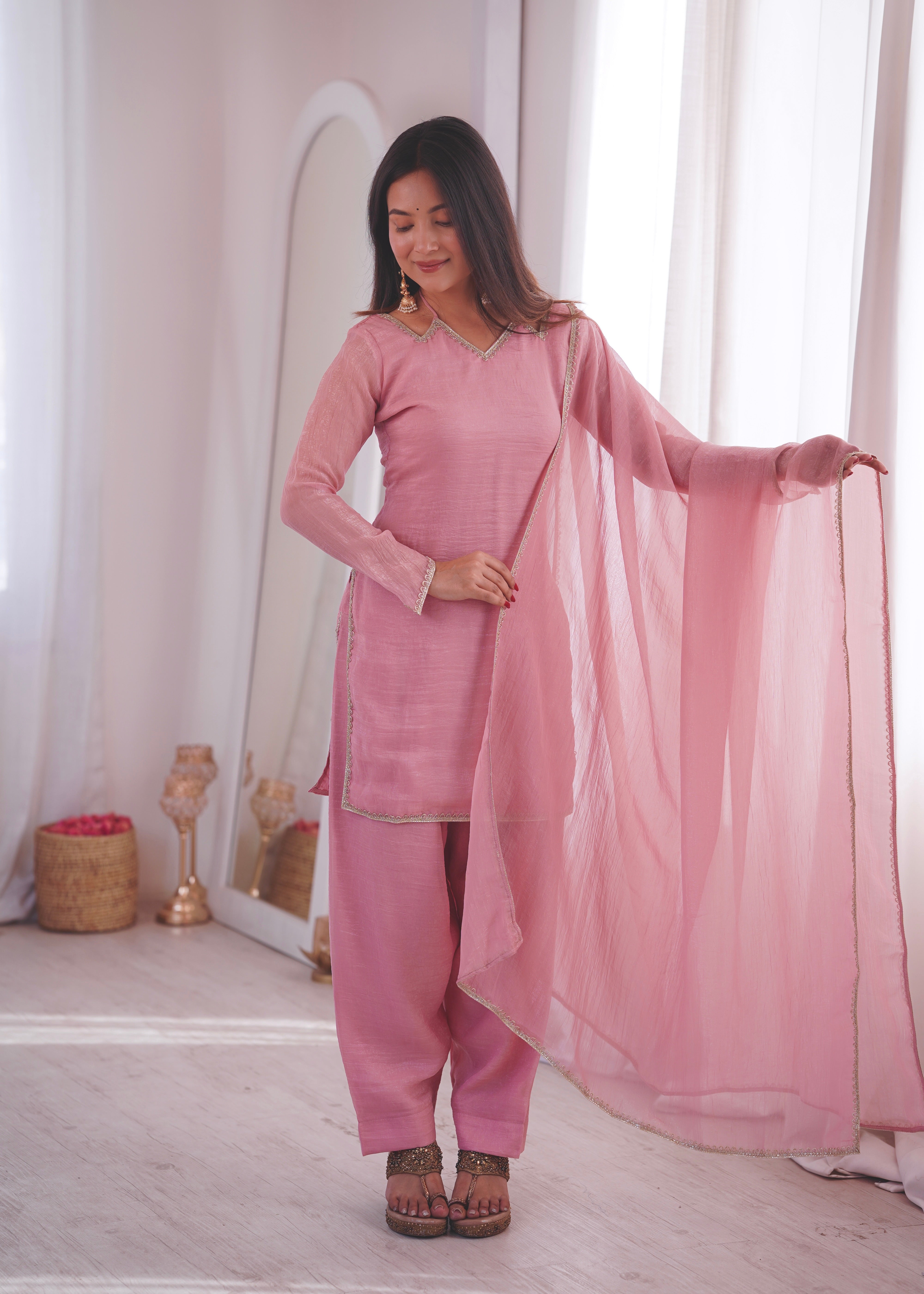 Soft Pastel Pink Crunchy Silk-Blend Straight Kurta Set