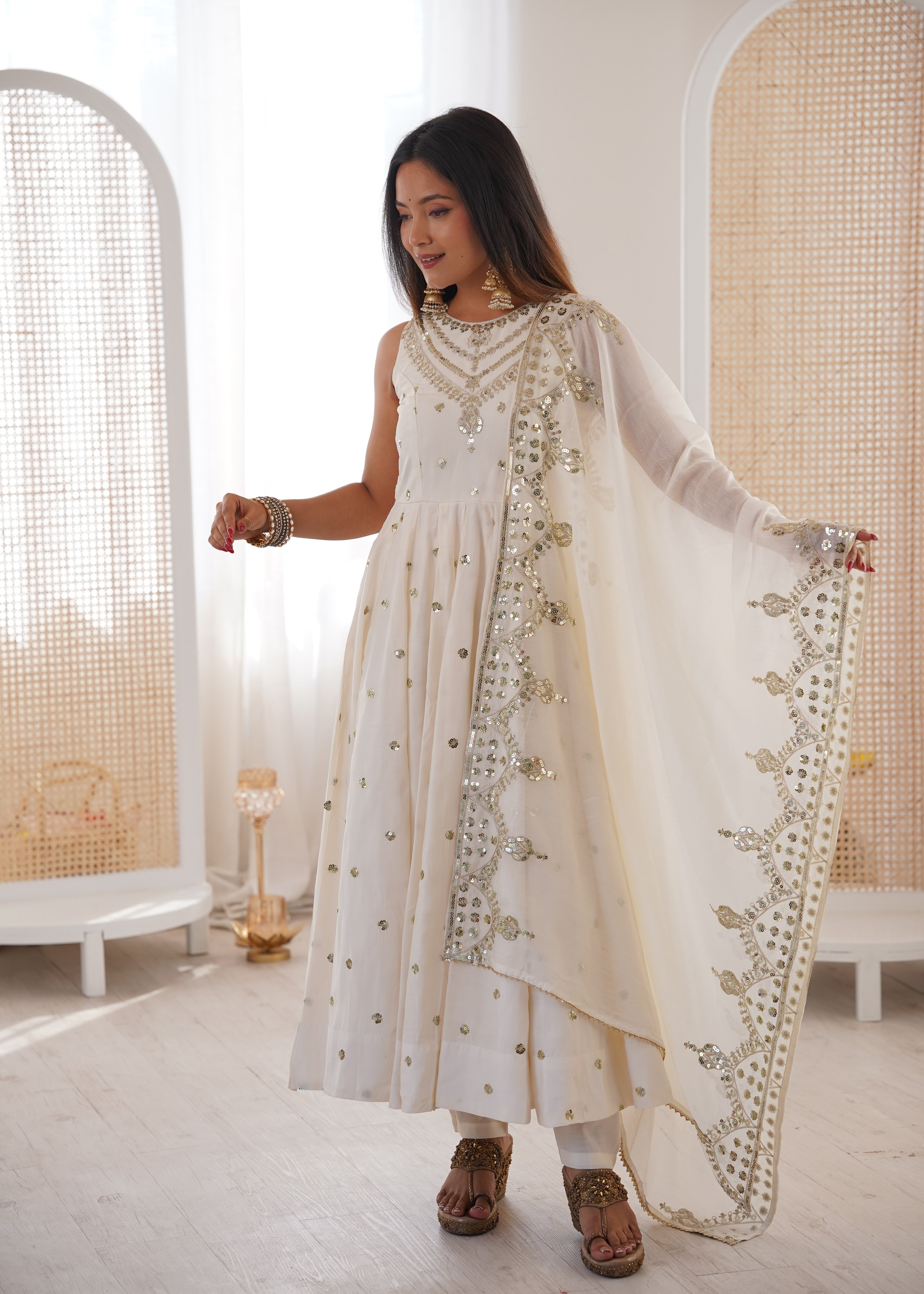 Silk Anarkali Gown Set Featuring Intricate Mirror-Work Embroidery