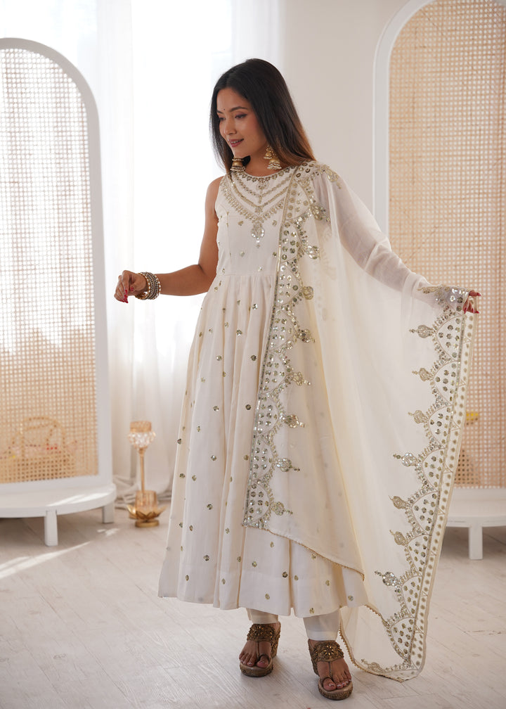 Silk Anarkali Gown Set Featuring Intricate Mirror-Work Embroidery