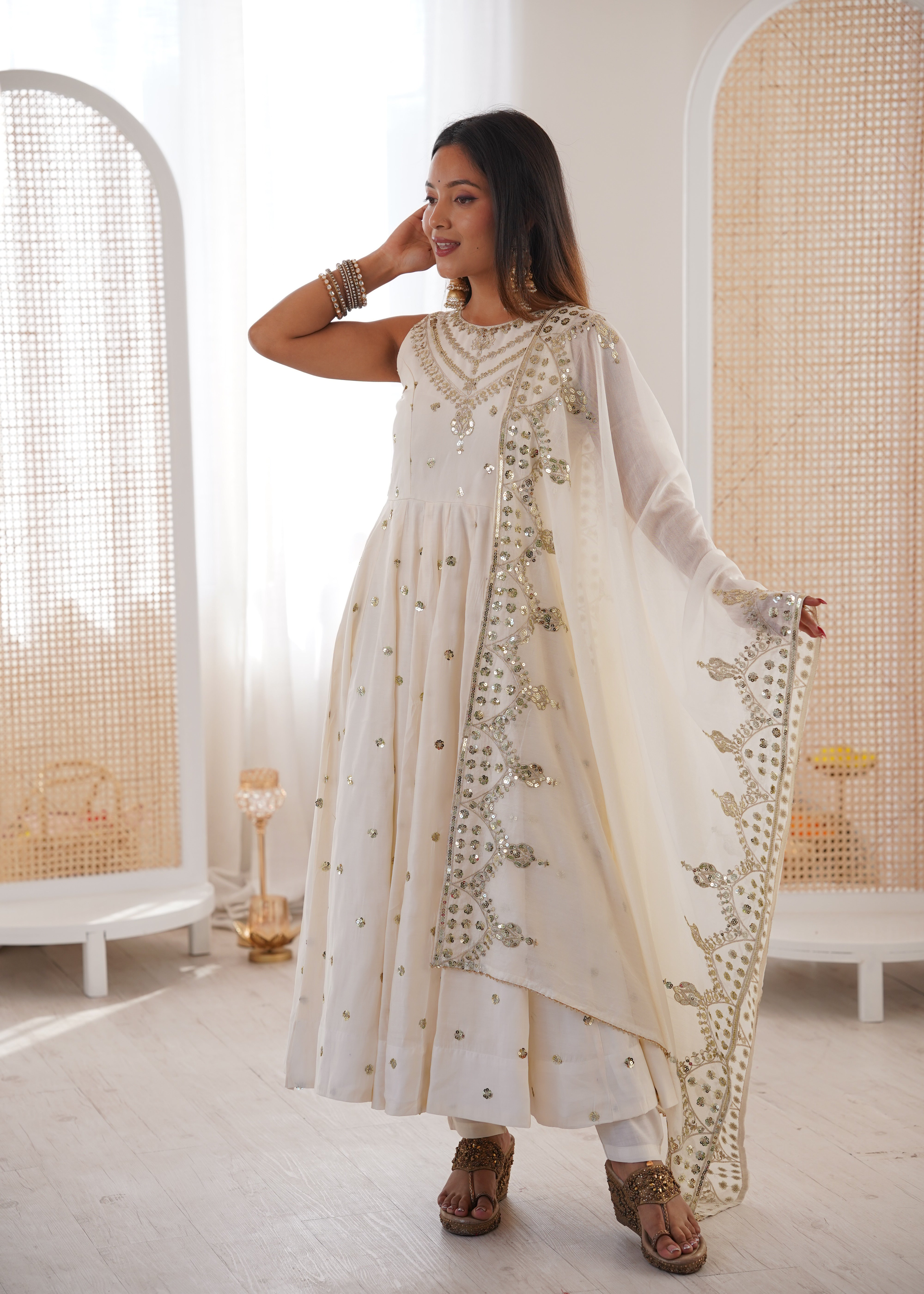 Silk Anarkali Gown Set Featuring Intricate Mirror-Work Embroidery