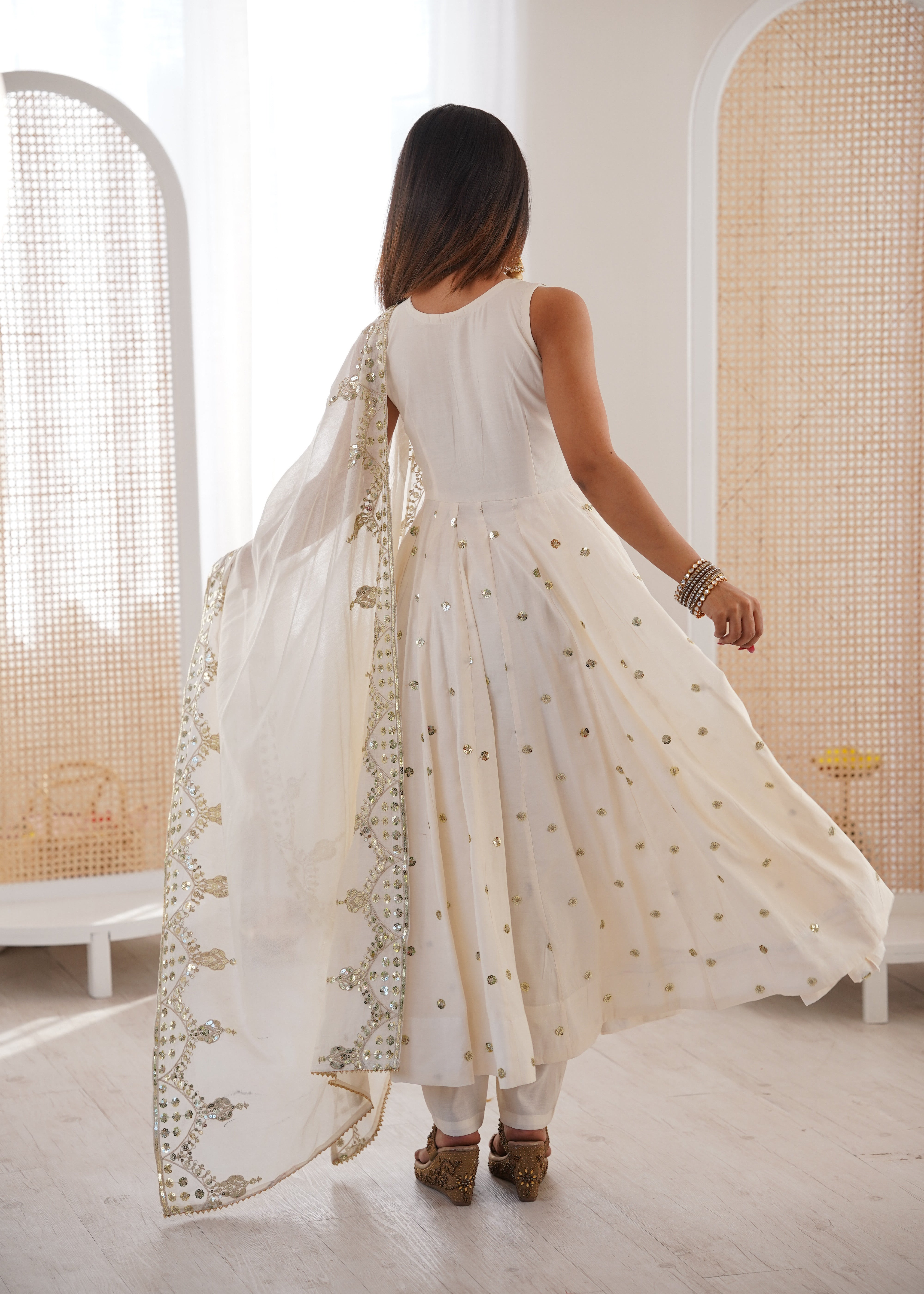 Silk Anarkali Gown Set Featuring Intricate Mirror-Work Embroidery