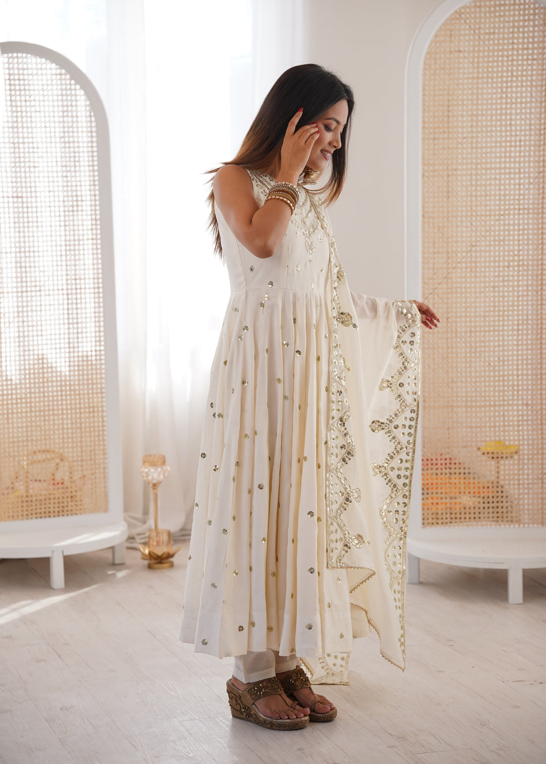 Silk Anarkali Gown Set Featuring Intricate Mirror-Work Embroidery