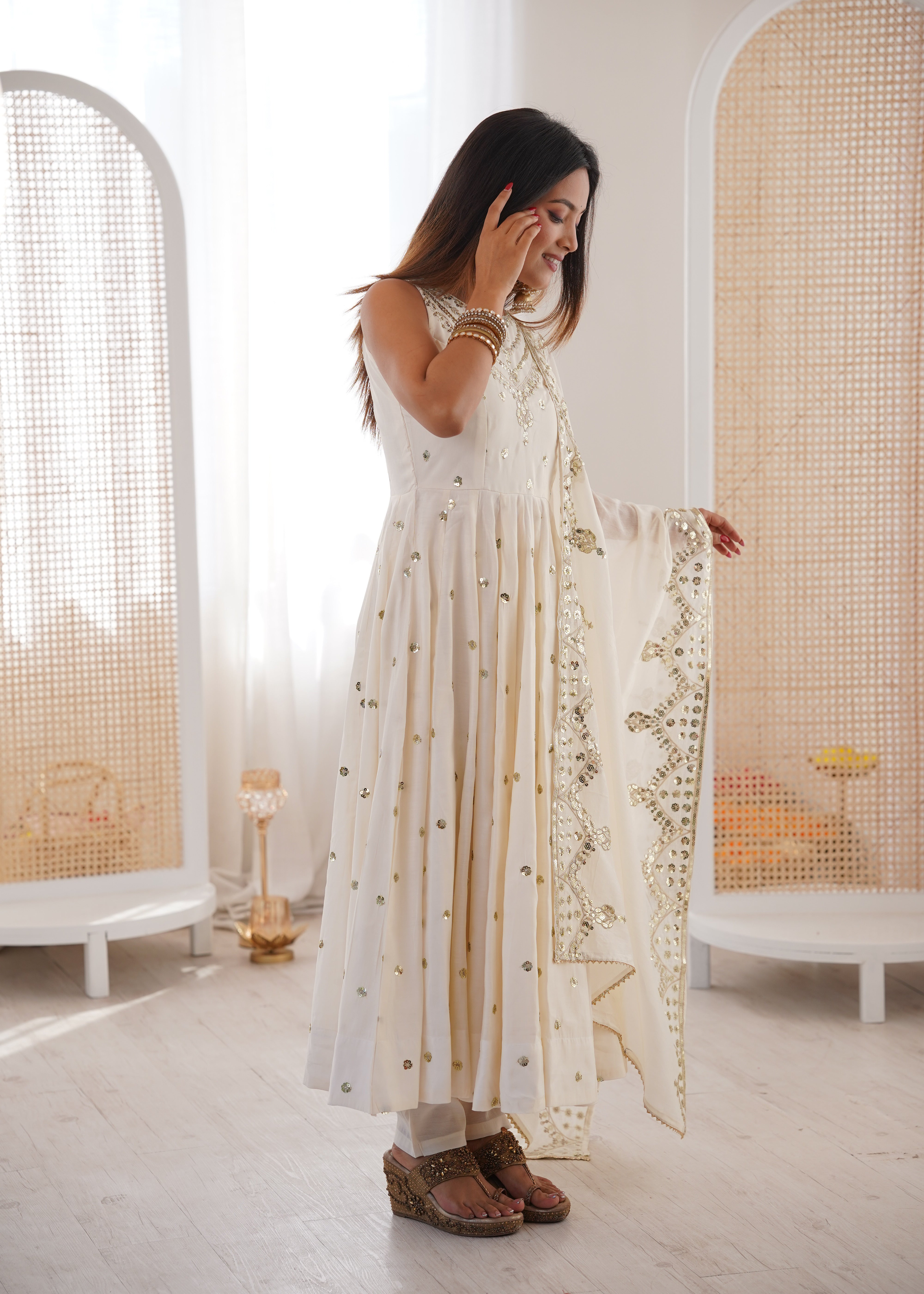 Silk Anarkali Gown Set Featuring Intricate Mirror-Work Embroidery