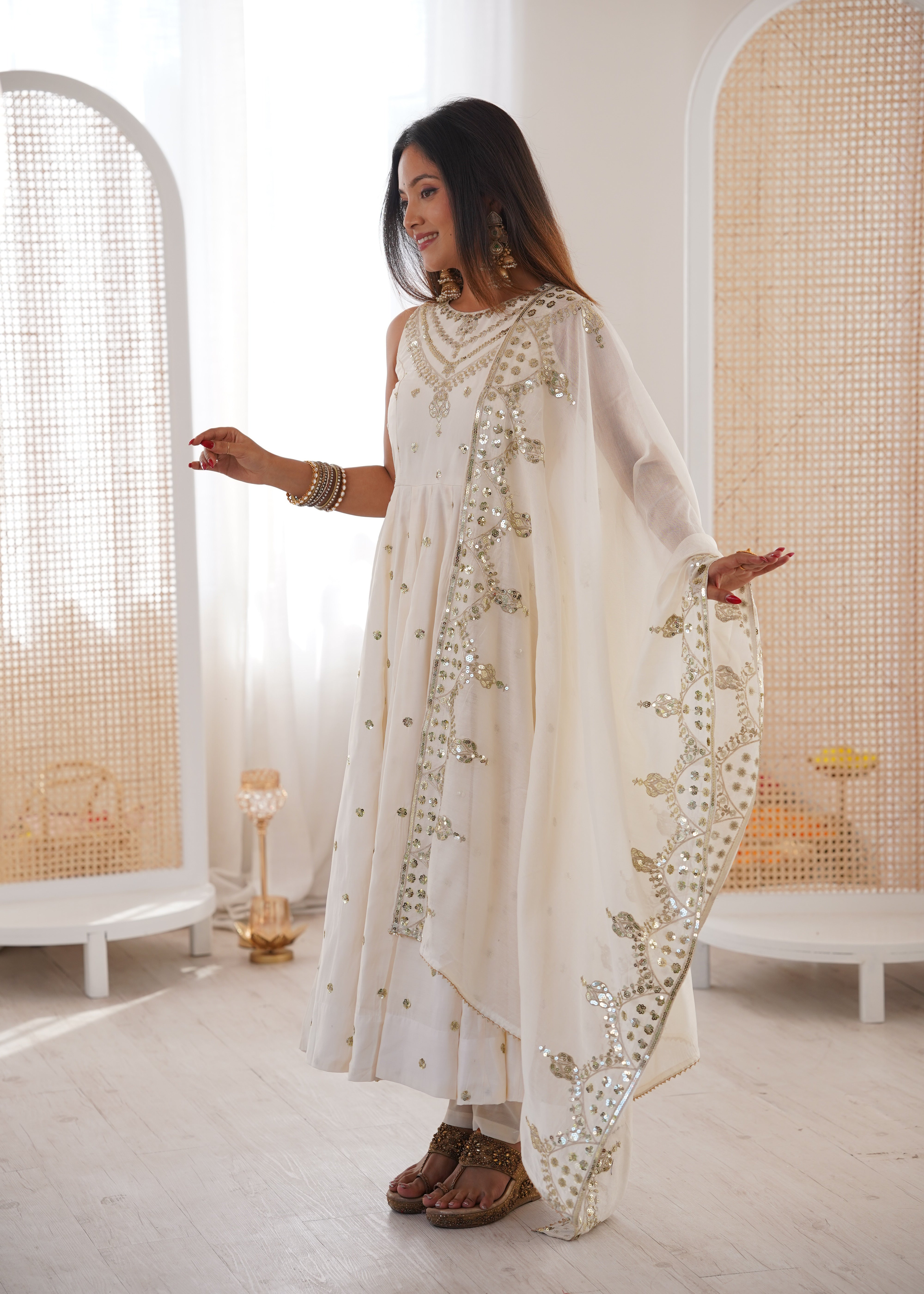 Silk Anarkali Gown Set Featuring Intricate Mirror-Work Embroidery